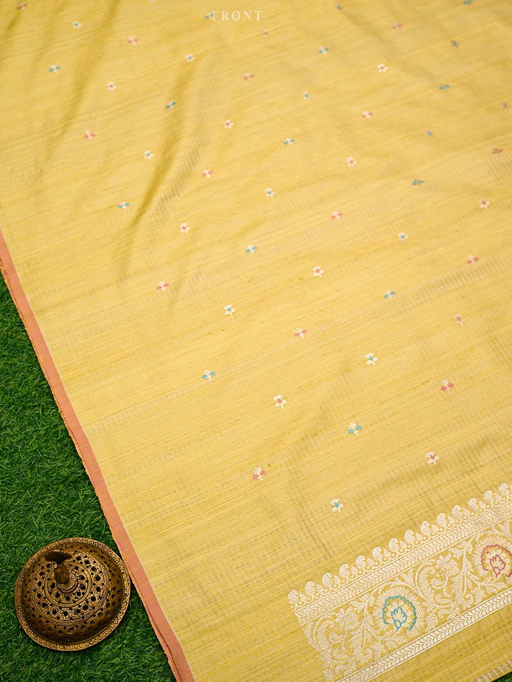 Yellow Booti Dupion Silk Handloom Banarasi Suit - Sacred Weaves