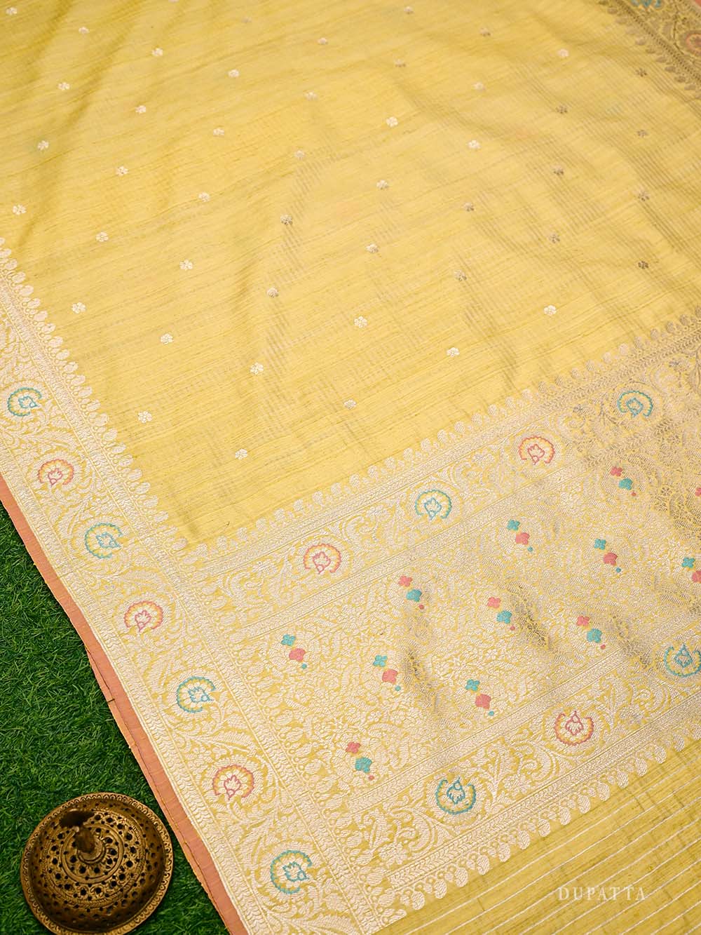 Yellow Booti Dupion Silk Handloom Banarasi Suit - Sacred Weaves