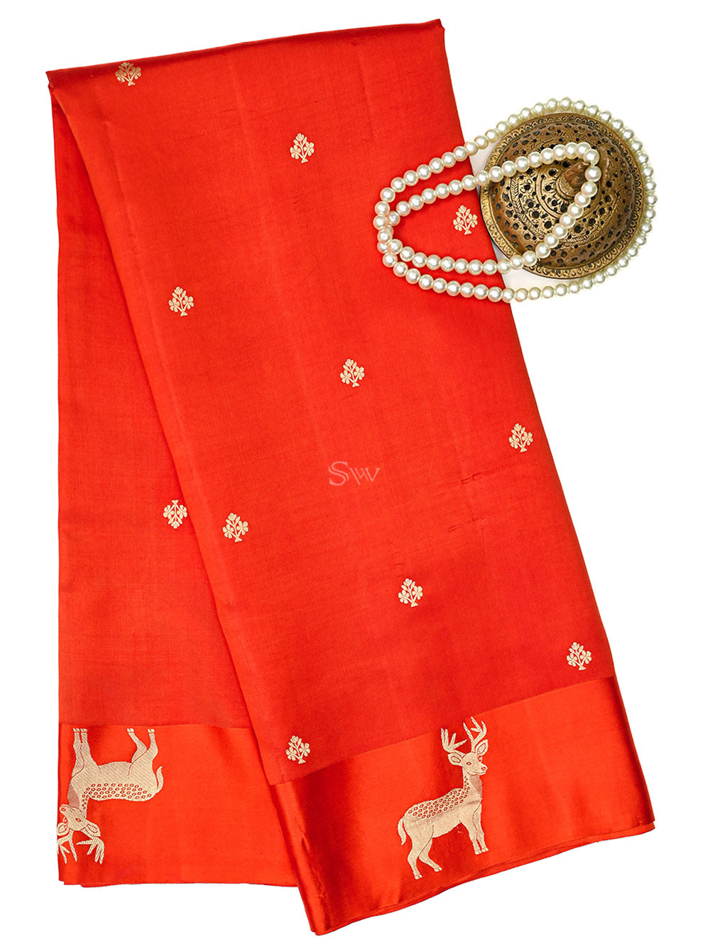 Orange Booti Katan Silk Handloom Banarasi Saree