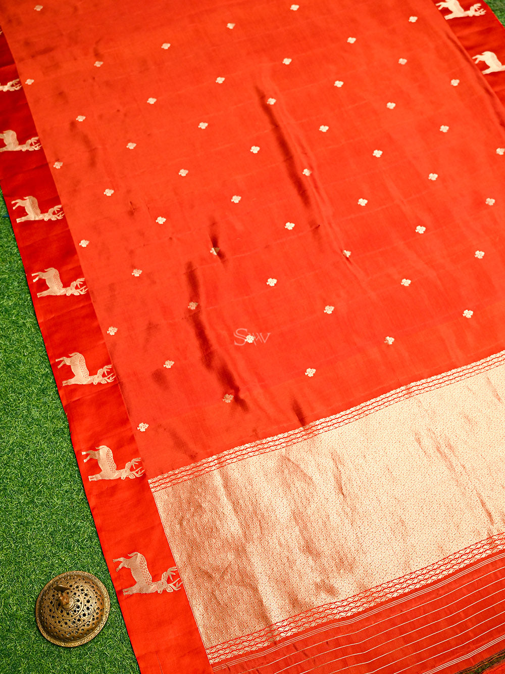 Orange Booti Katan Silk Handloom Banarasi Saree