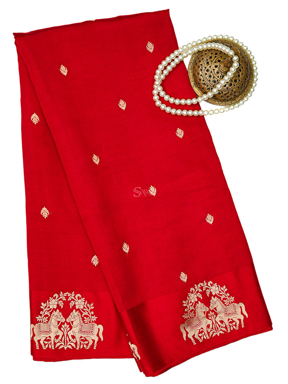 Dark Red Booti Katan Silk Handloom Banarasi Saree