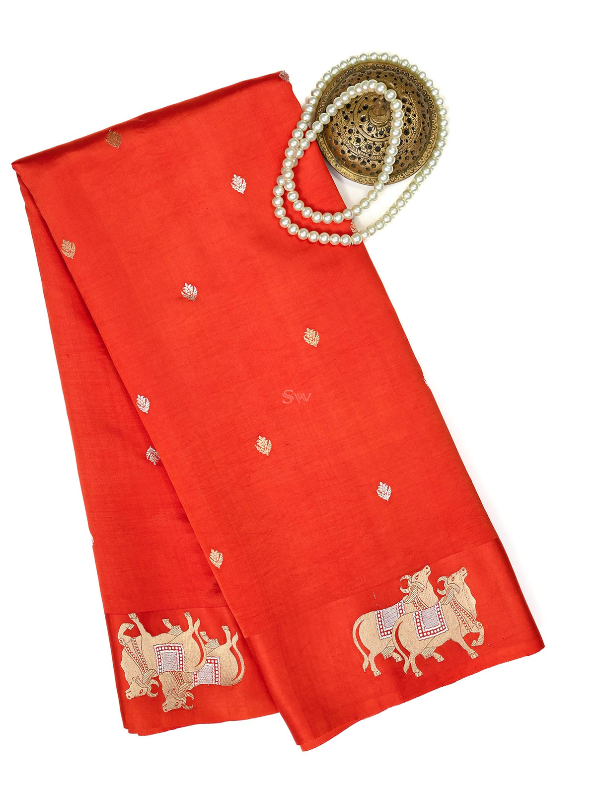 Orange Booti Katan Silk Handloom Banarasi Saree