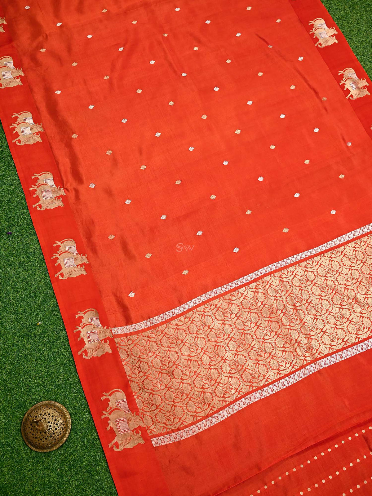 Orange Booti Katan Silk Handloom Banarasi Saree