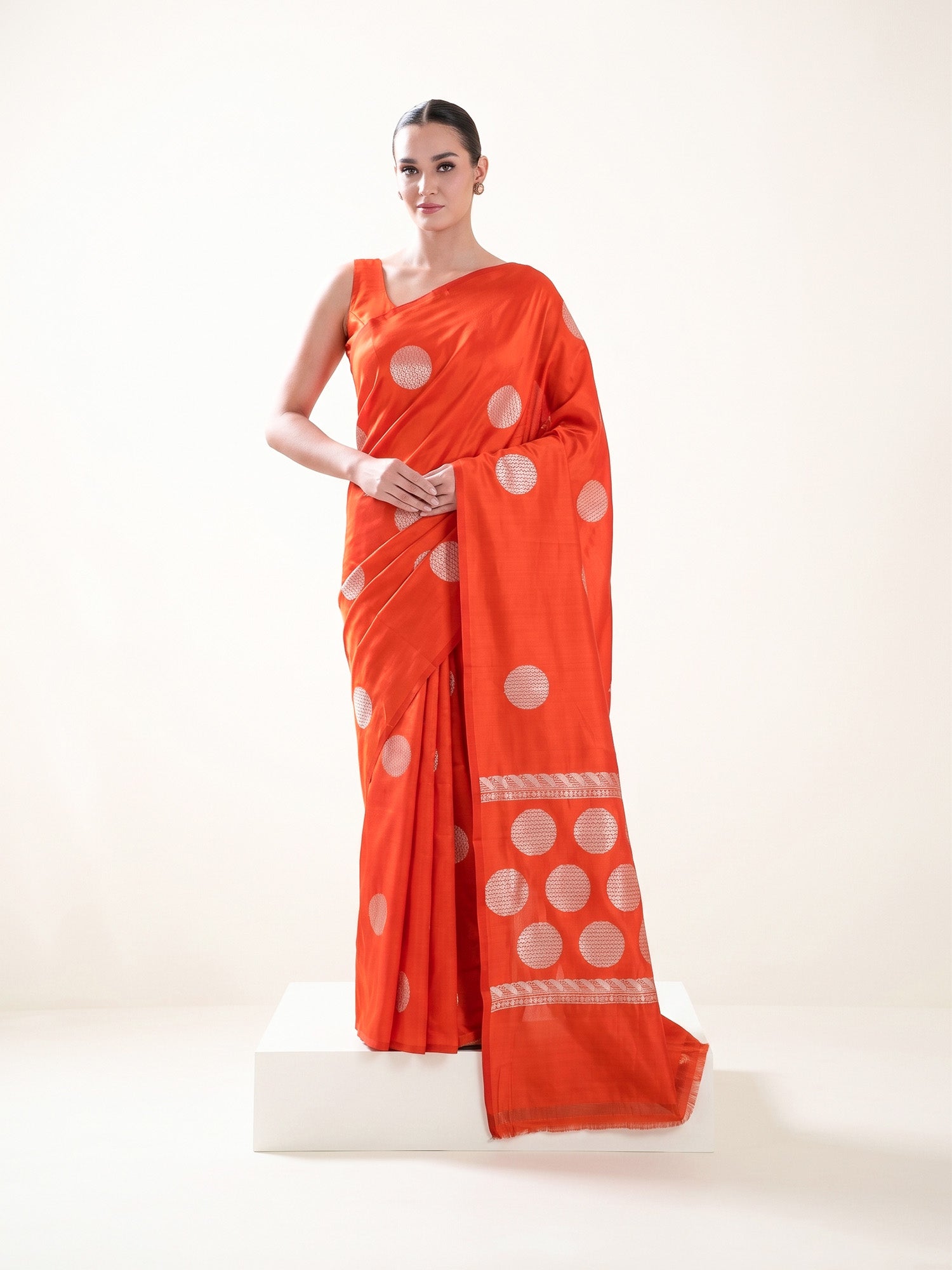 Orange Boota Katan Silk Handloom Banarasi Saree - Sacred Weaves