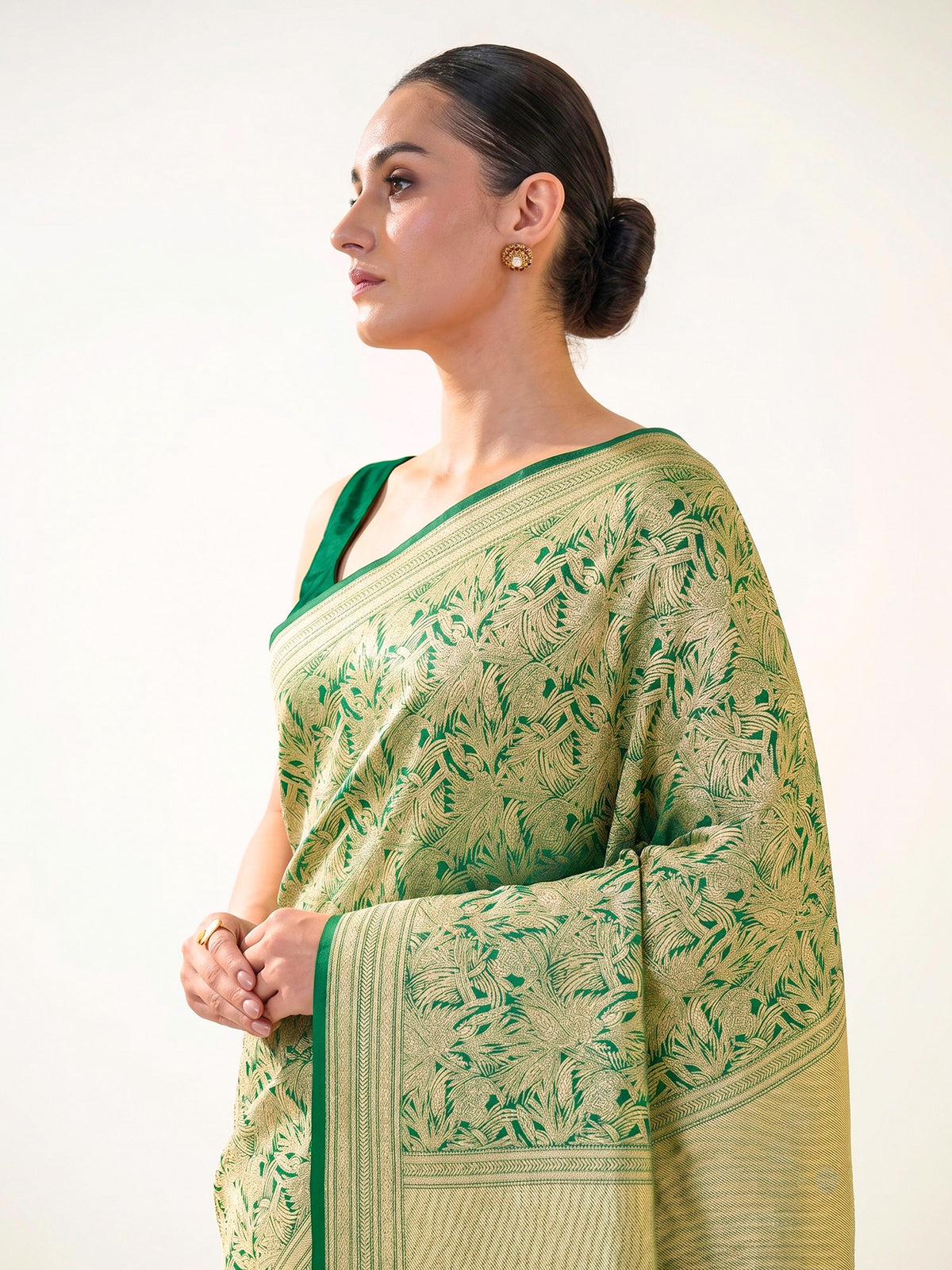 Bottle Green Silk Shikargah Brocade Handloom Banarasi Saree - Sacred Weaves