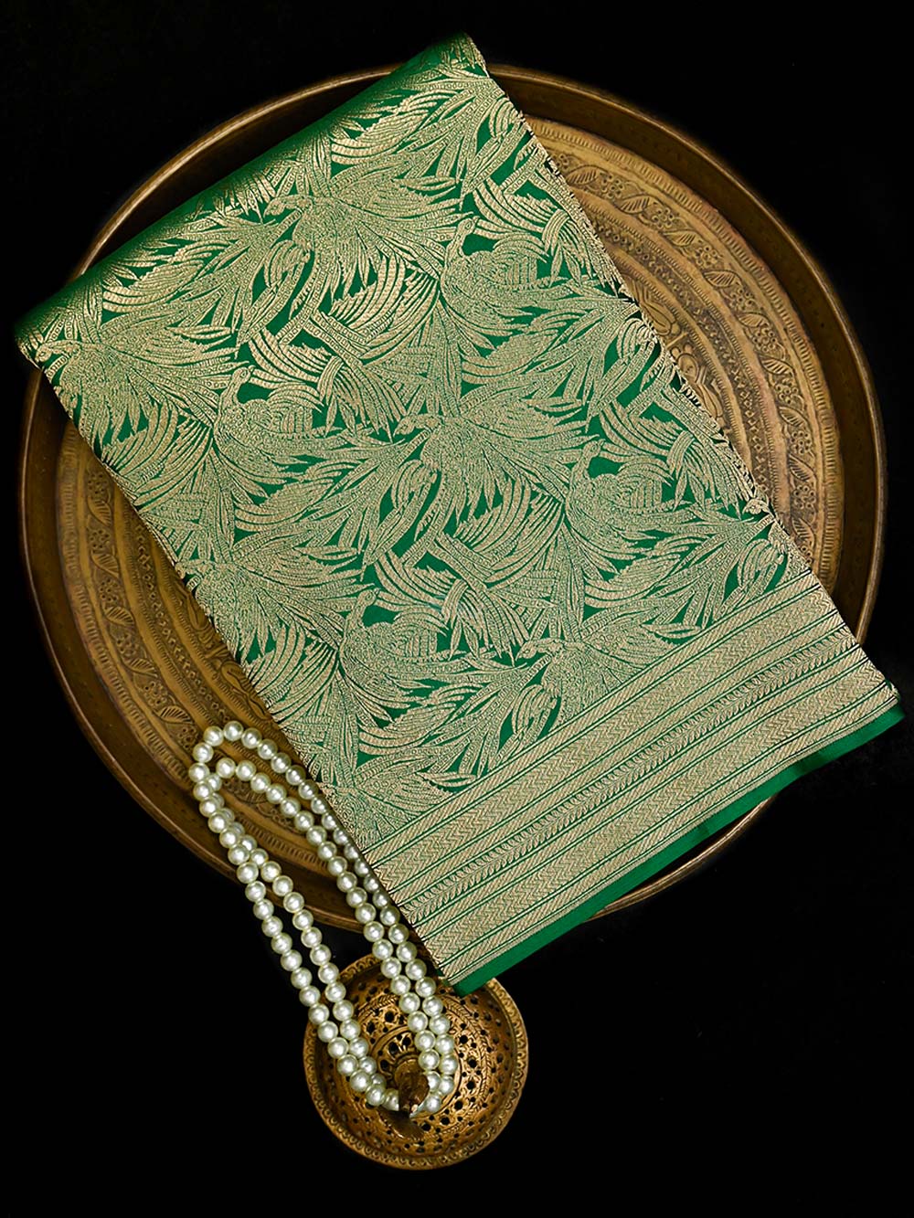 Bottle Green Silk Shikargah Brocade Handloom Banarasi Saree - Sacred Weaves