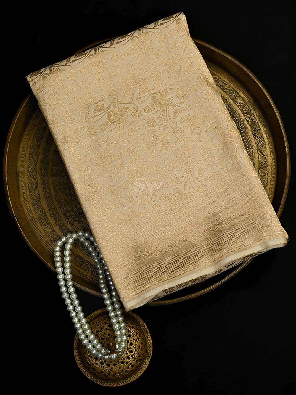Beige Silk Shikargah Brocade Handloom Banarasi Saree - Sacred Weaves