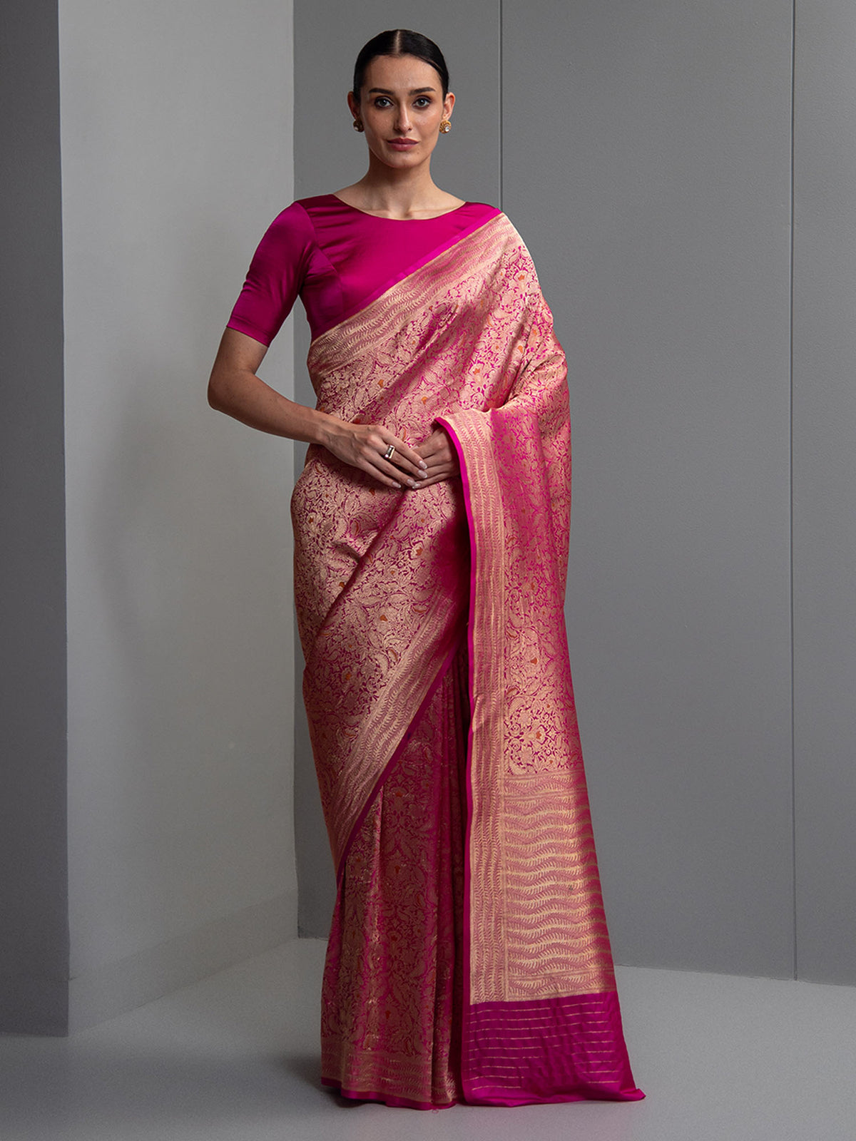 Dark Pink Meenakari Silk Brocade Handloom Banarasi Saree