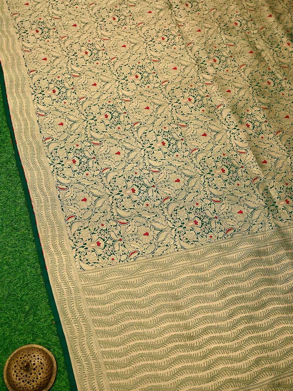 Bottle Green Meenakari Silk Brocade Handloom Banarasi Saree - Sacred Weaves