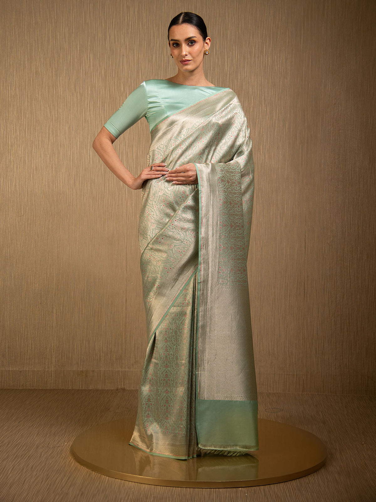 Pastel Aqua Green Meenakari Silk Brocade Handloom Banarasi Saree