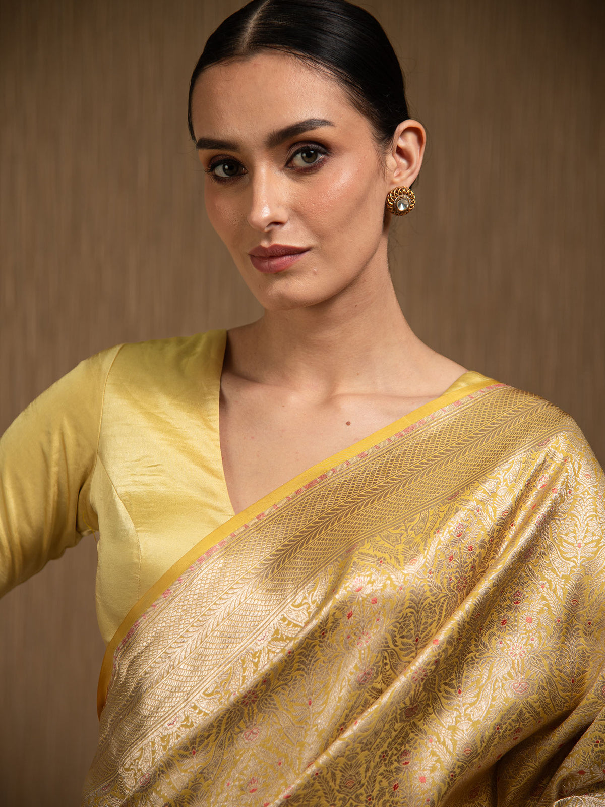 Mustard Meenakari Silk Brocade Handloom Banarasi Saree