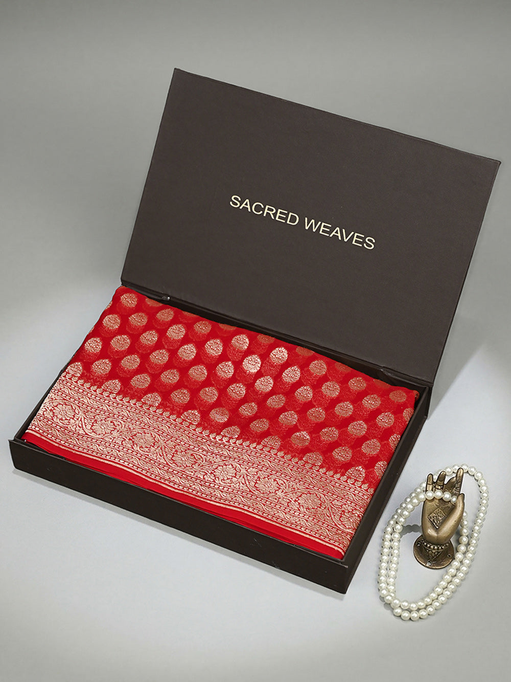 Red Booti Khaddi Georgette Handloom Banarasi Saree - Sacred Weaves