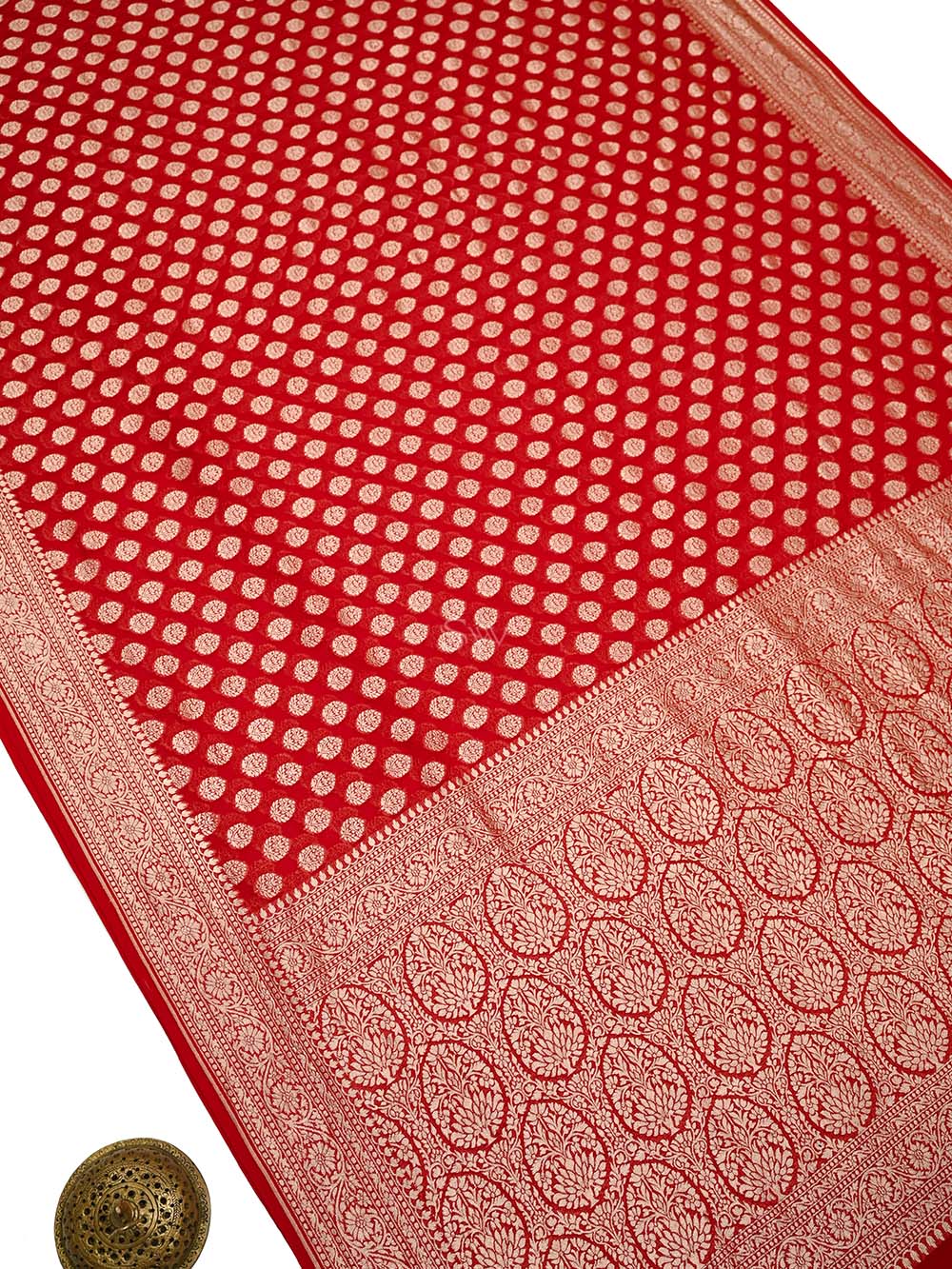 Red Booti Khaddi Georgette Handloom Banarasi Saree - Sacred Weaves