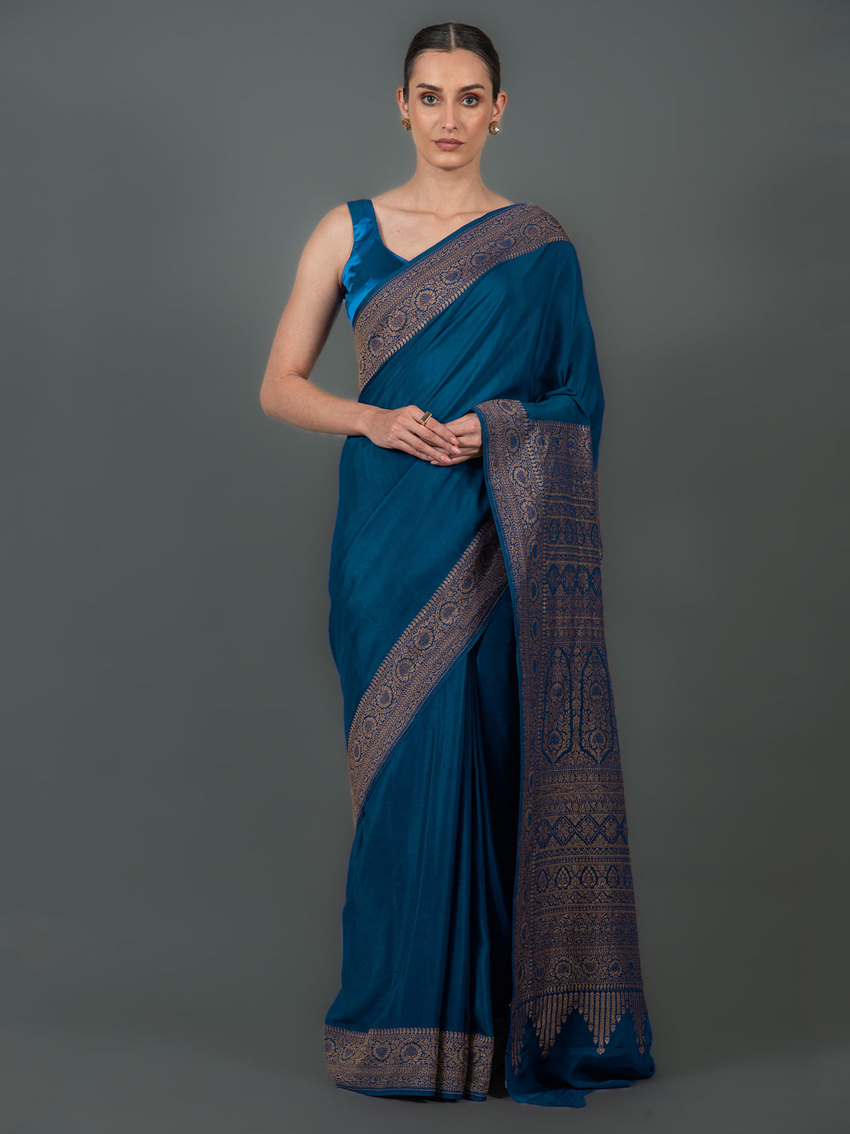 Midnight Blue Plain Crepe Silk Handloom Banarasi Saree