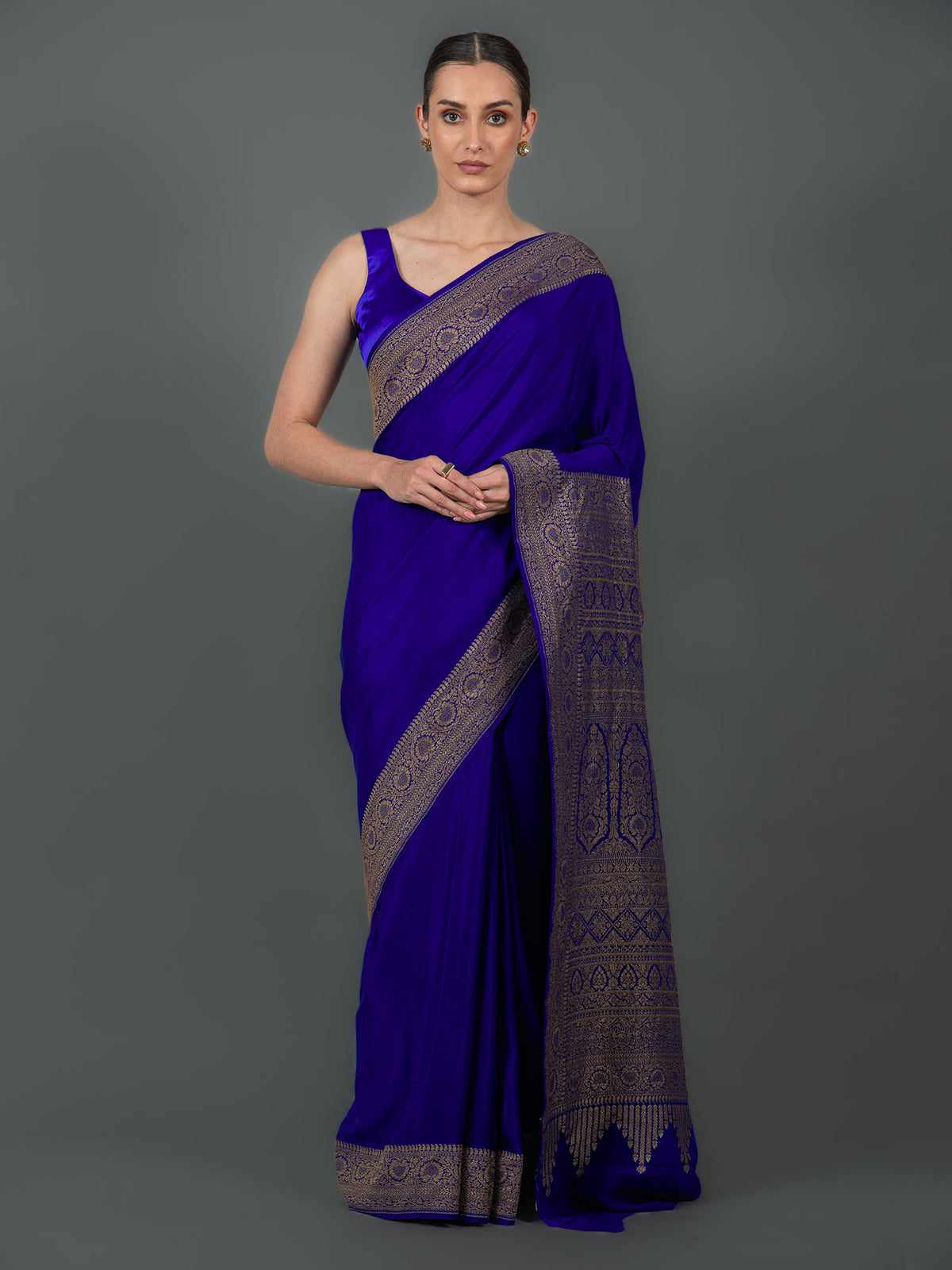 Dark Blue Plain Crepe Silk Handloom Banarasi Saree