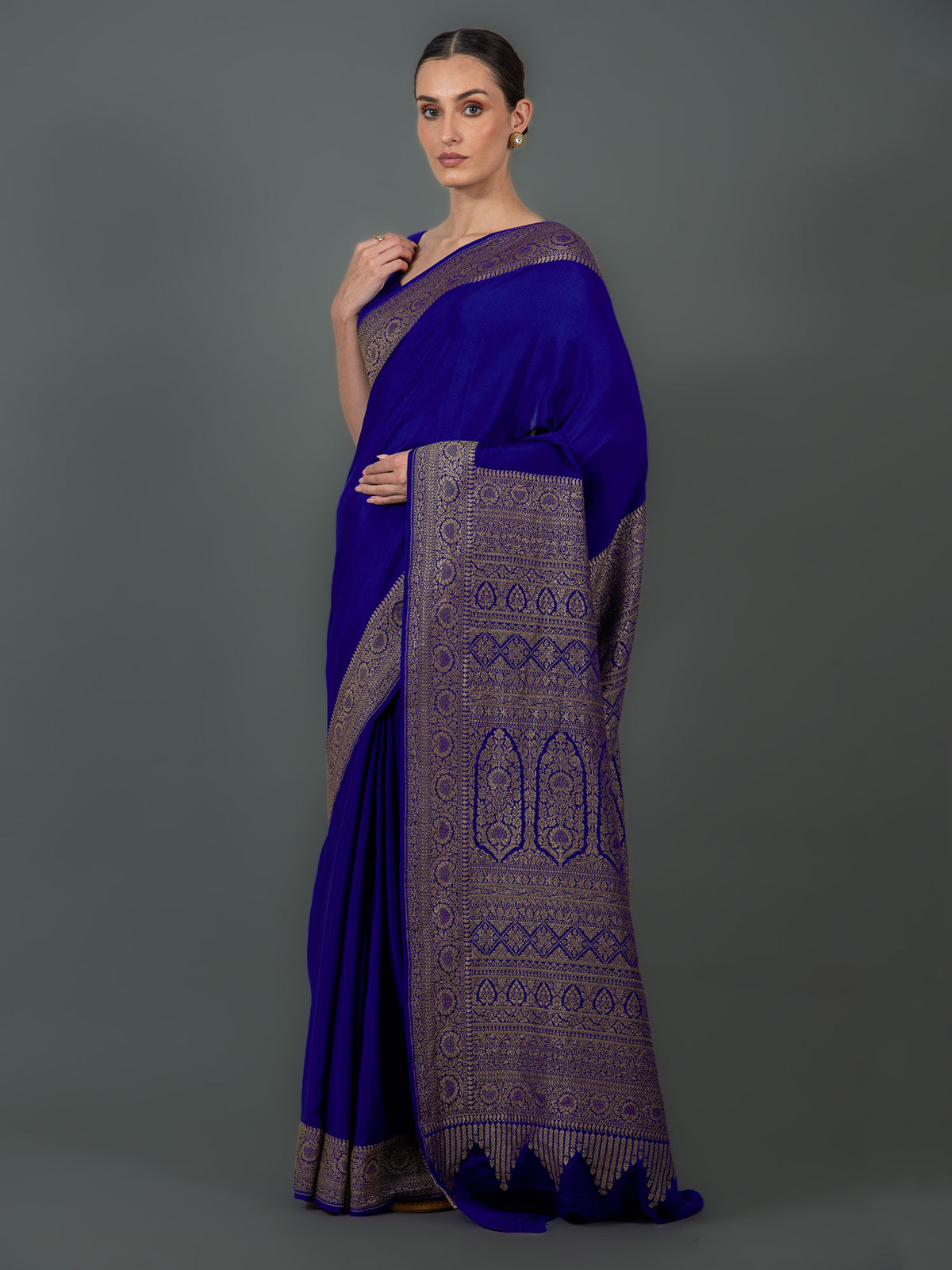 Dark Blue Plain Crepe Silk Handloom Banarasi Saree