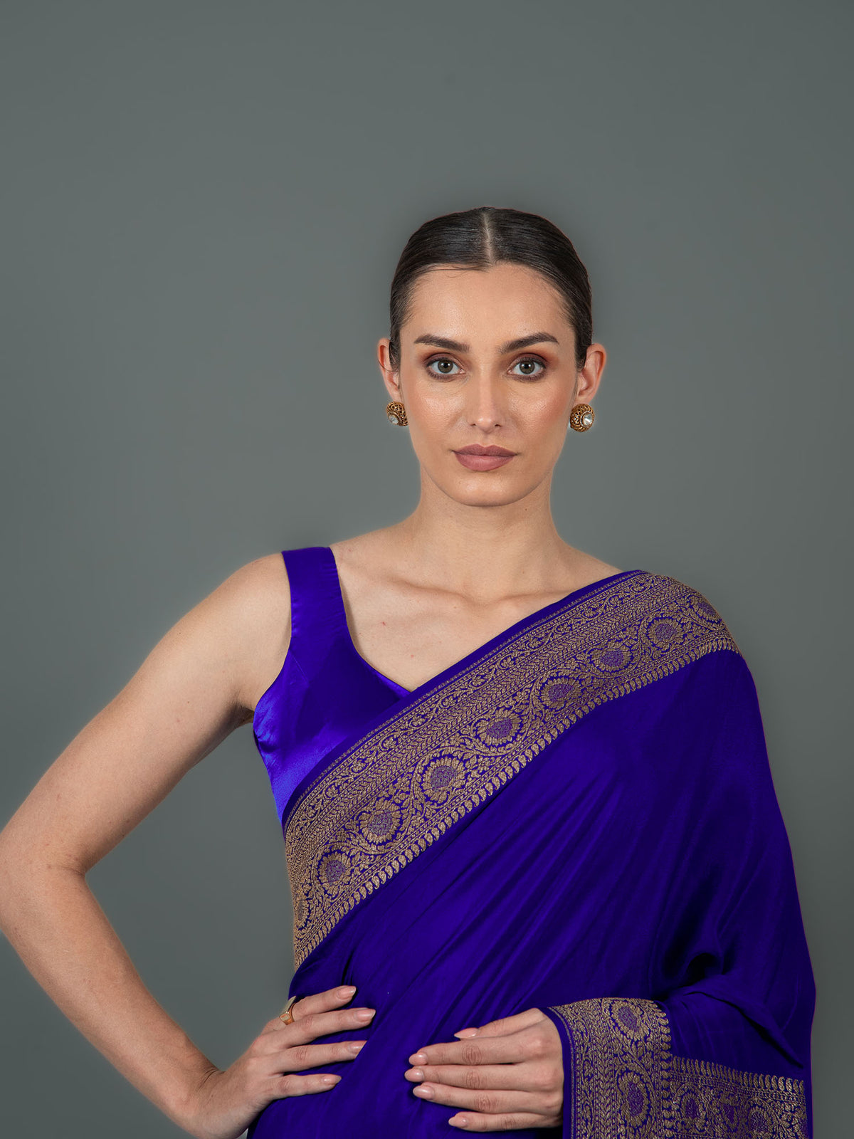 Dark Blue Plain Crepe Silk Handloom Banarasi Saree