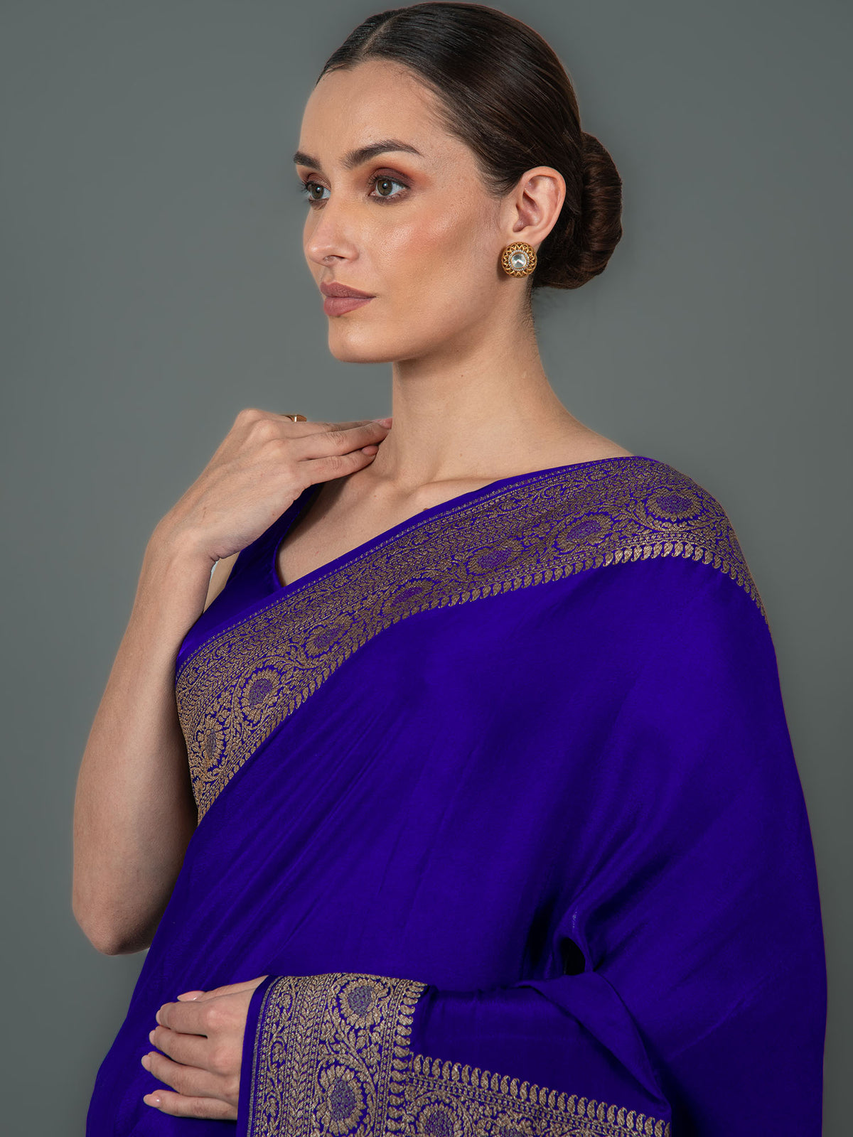 Dark Blue Plain Crepe Silk Handloom Banarasi Saree