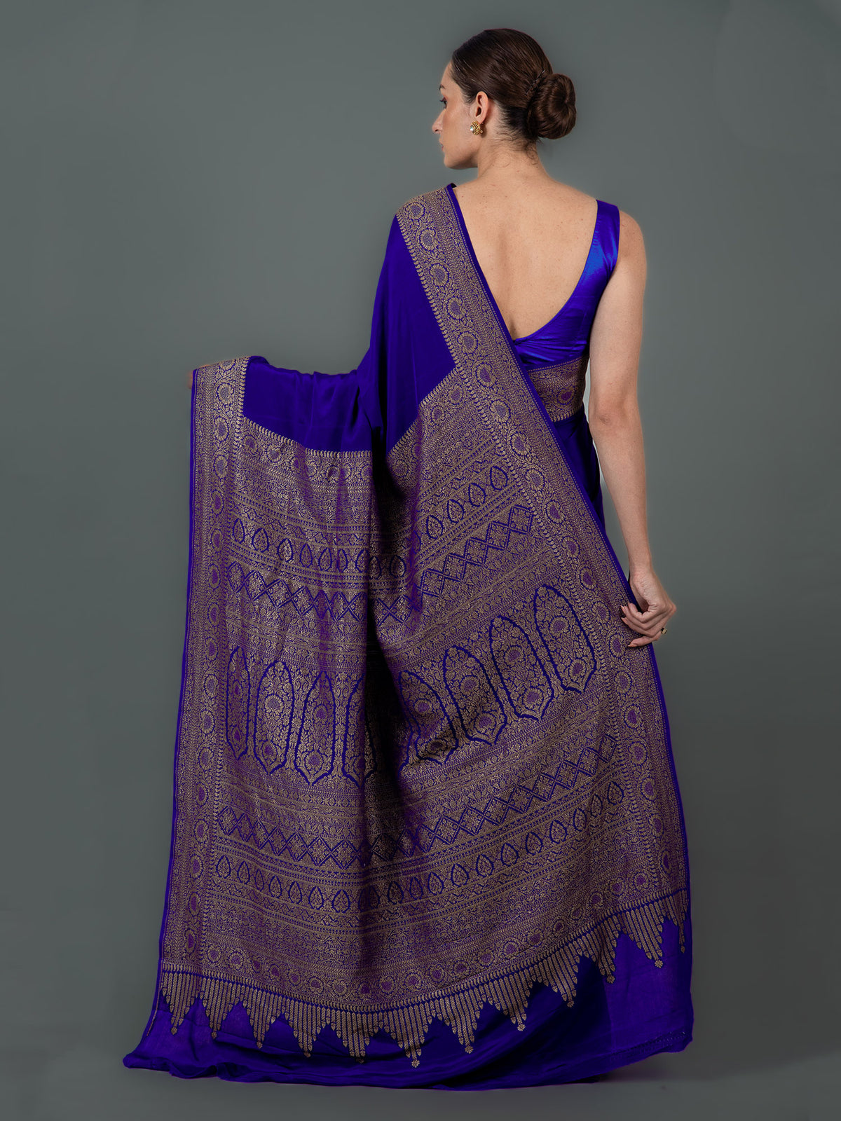 Dark Blue Plain Crepe Silk Handloom Banarasi Saree