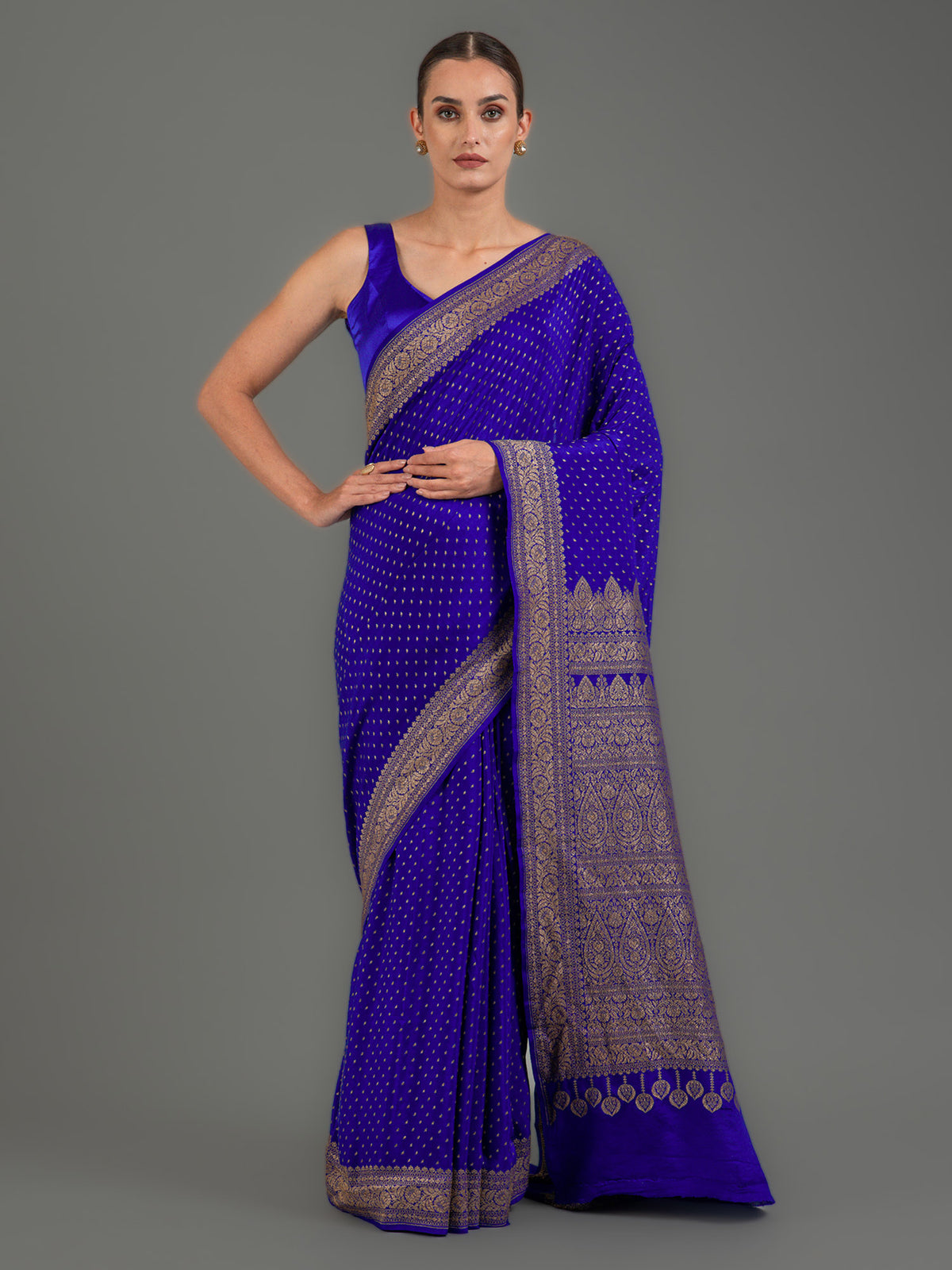Dark Blue Booti Crepe Silk Handloom Banarasi Saree