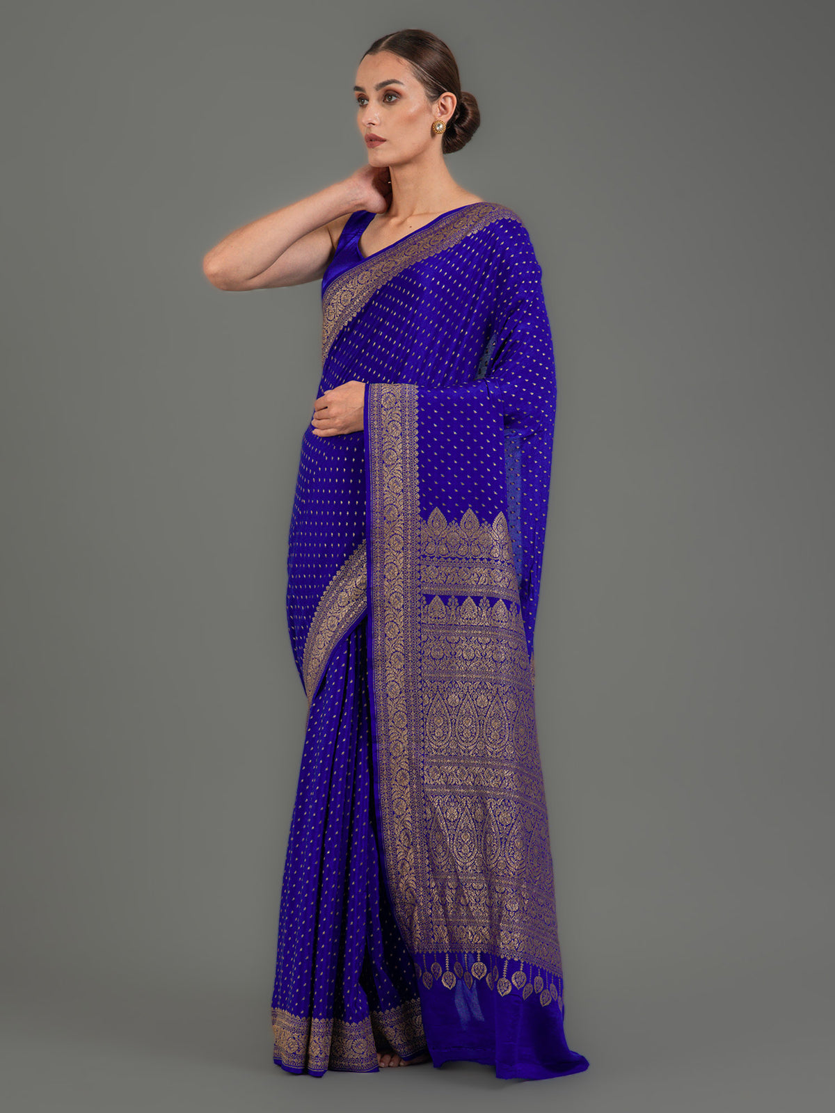 Dark Blue Booti Crepe Silk Handloom Banarasi Saree