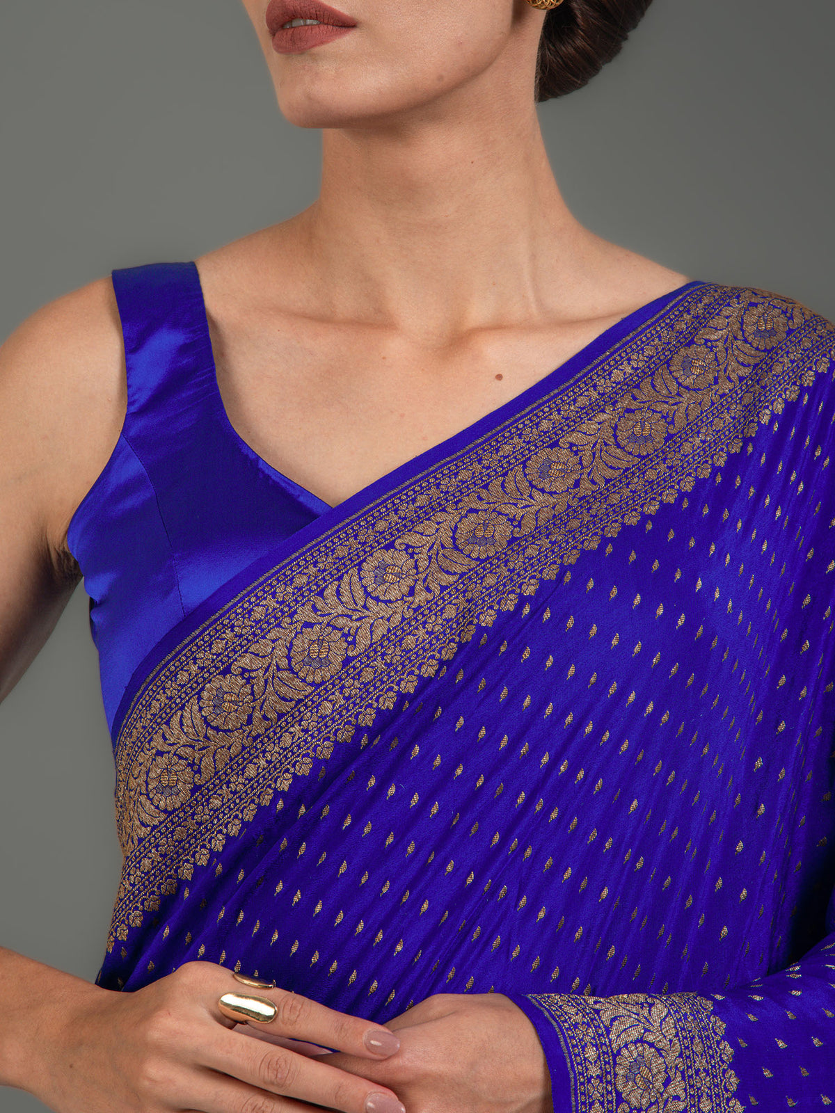 Dark Blue Booti Crepe Silk Handloom Banarasi Saree