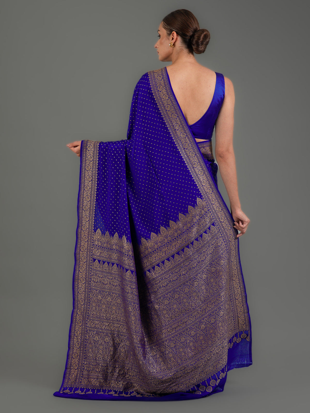 Dark Blue Booti Crepe Silk Handloom Banarasi Saree