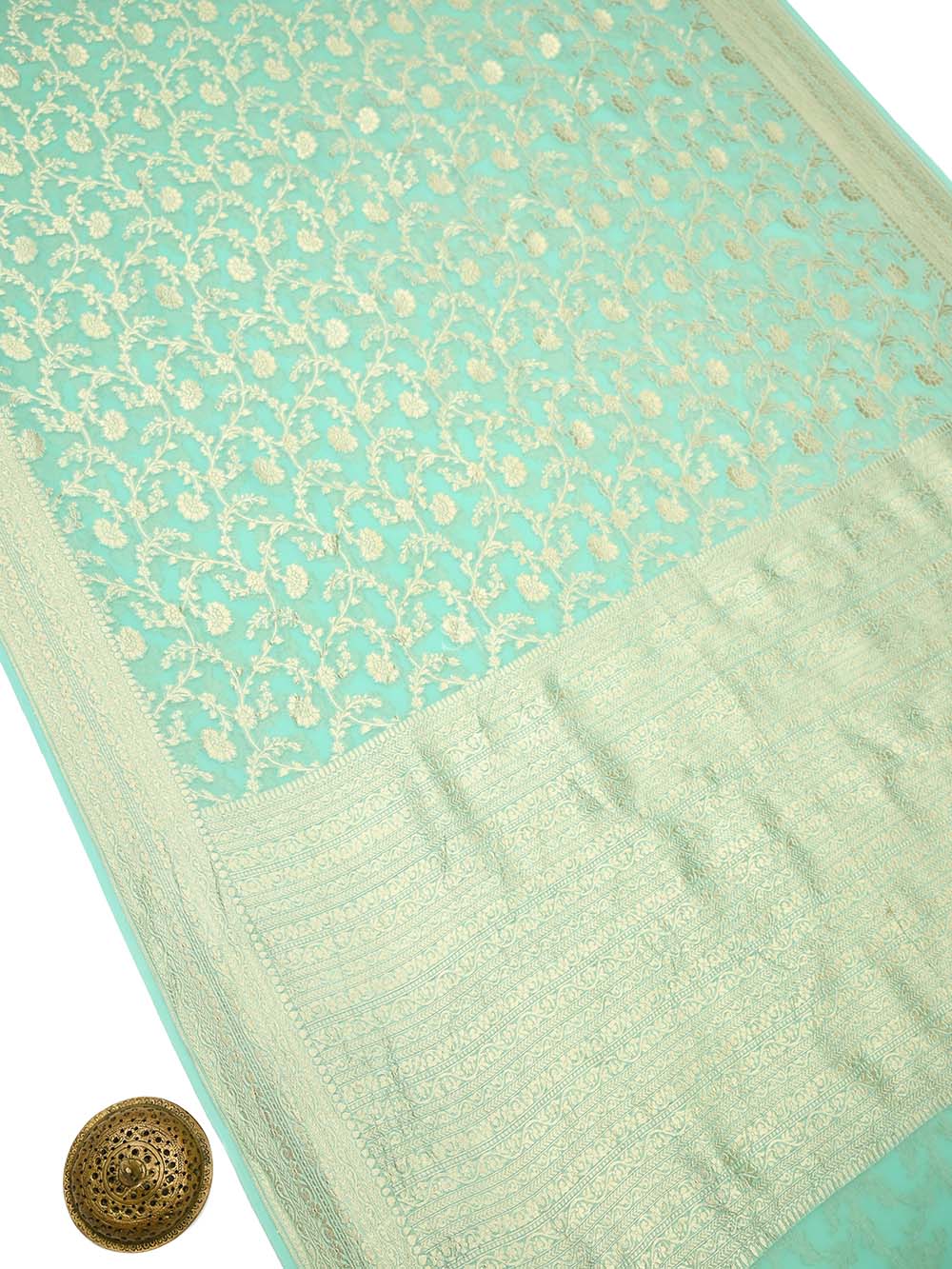 Aqua Green Jaal Khaddi Georgette Handloom Banarasi Saree - Sacred Weaves