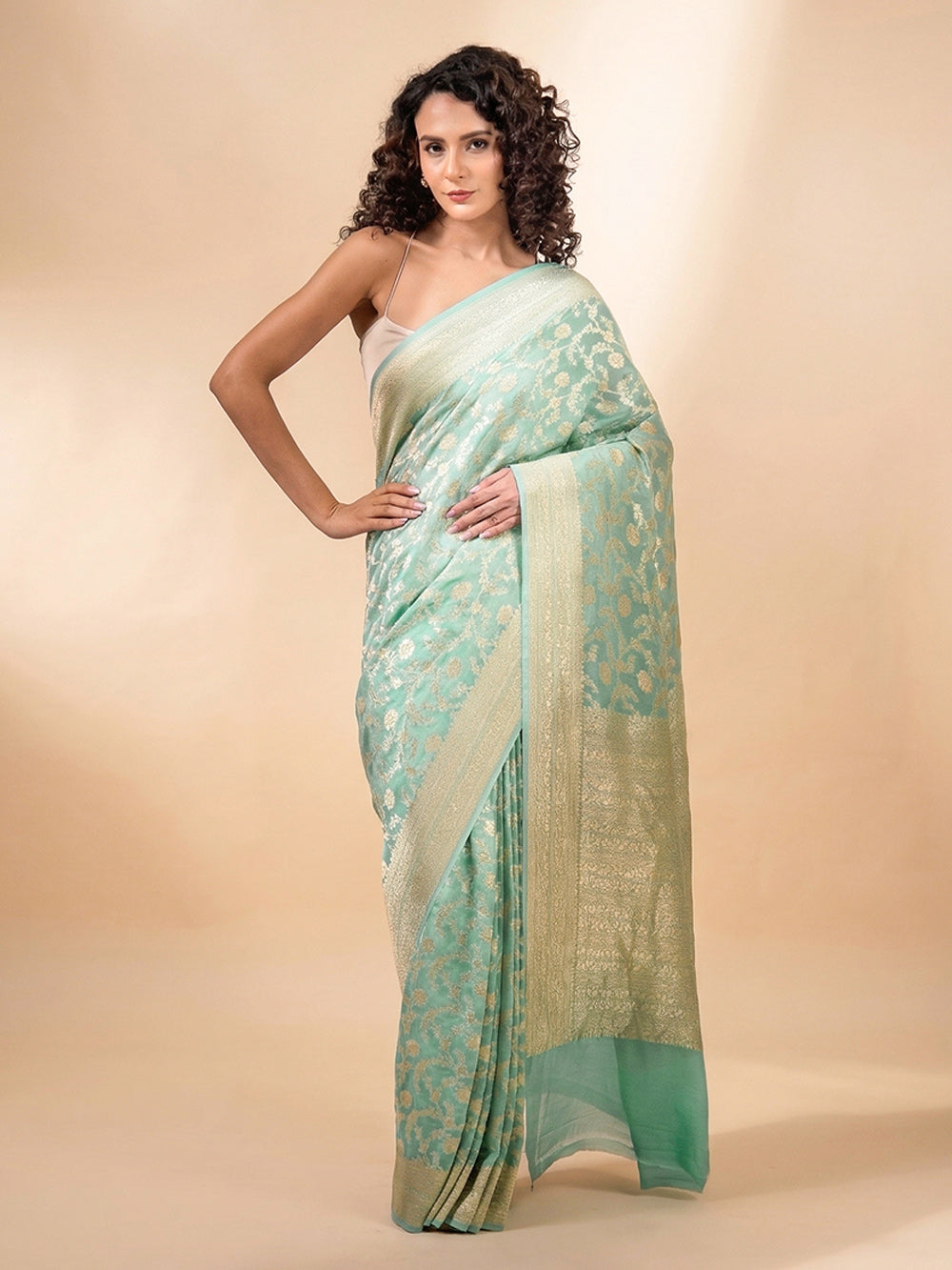 Aqua Green Jaal Khaddi Georgette Handloom Banarasi Saree - Sacred Weaves