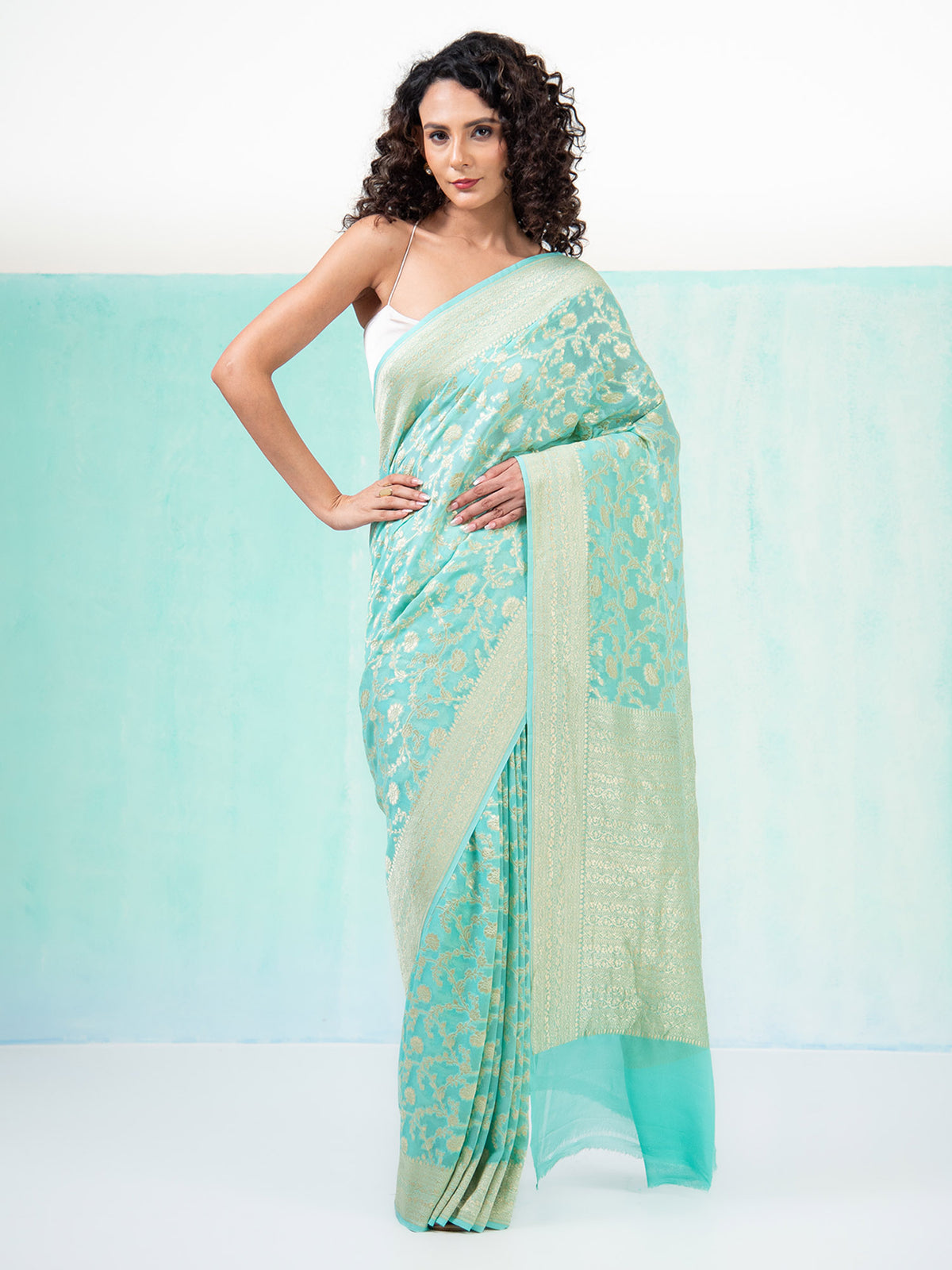 Aqua Green Jaal Khaddi Georgette Handloom Banarasi Saree