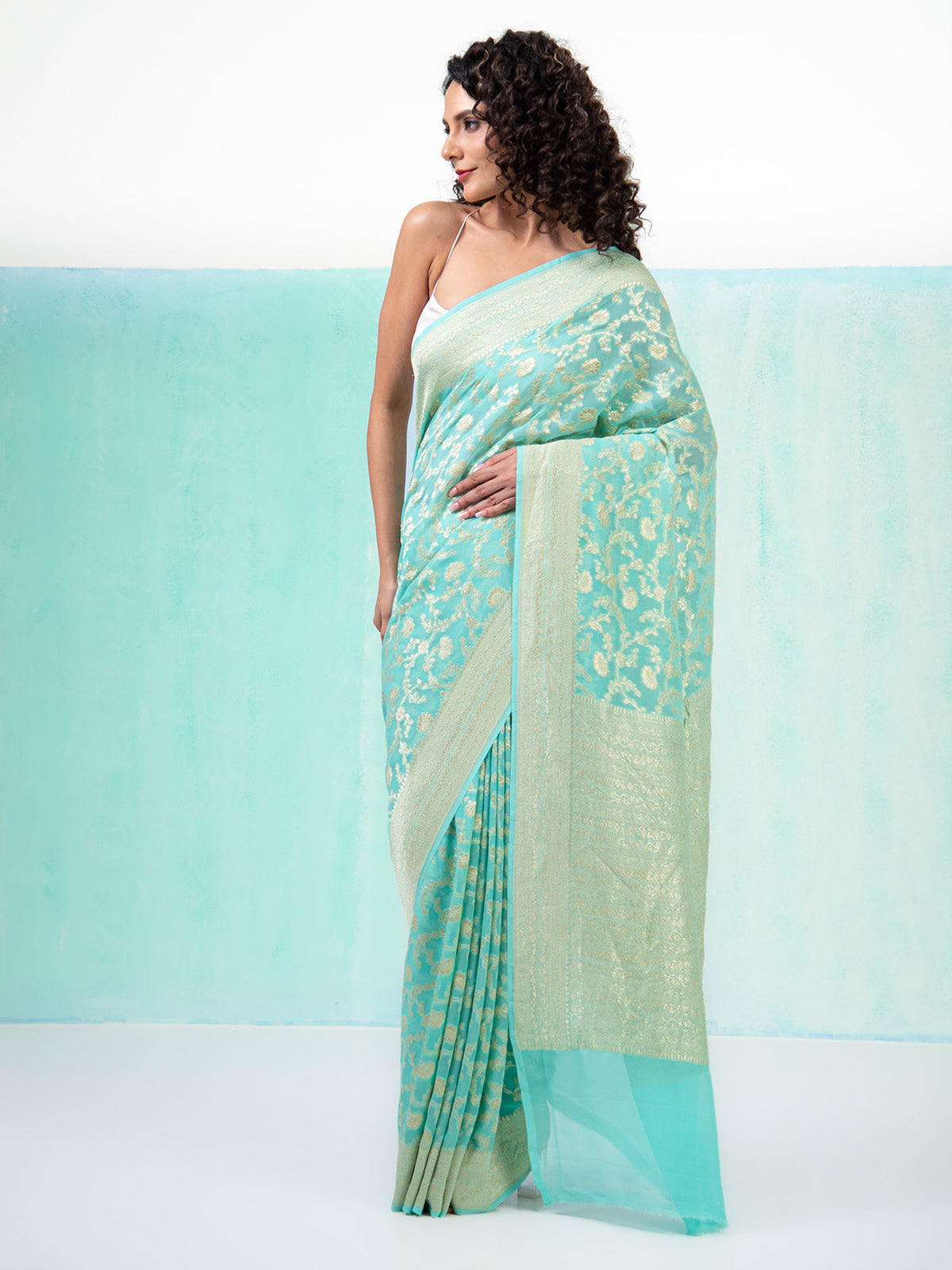 Aqua Green Jaal Khaddi Georgette Handloom Banarasi Saree