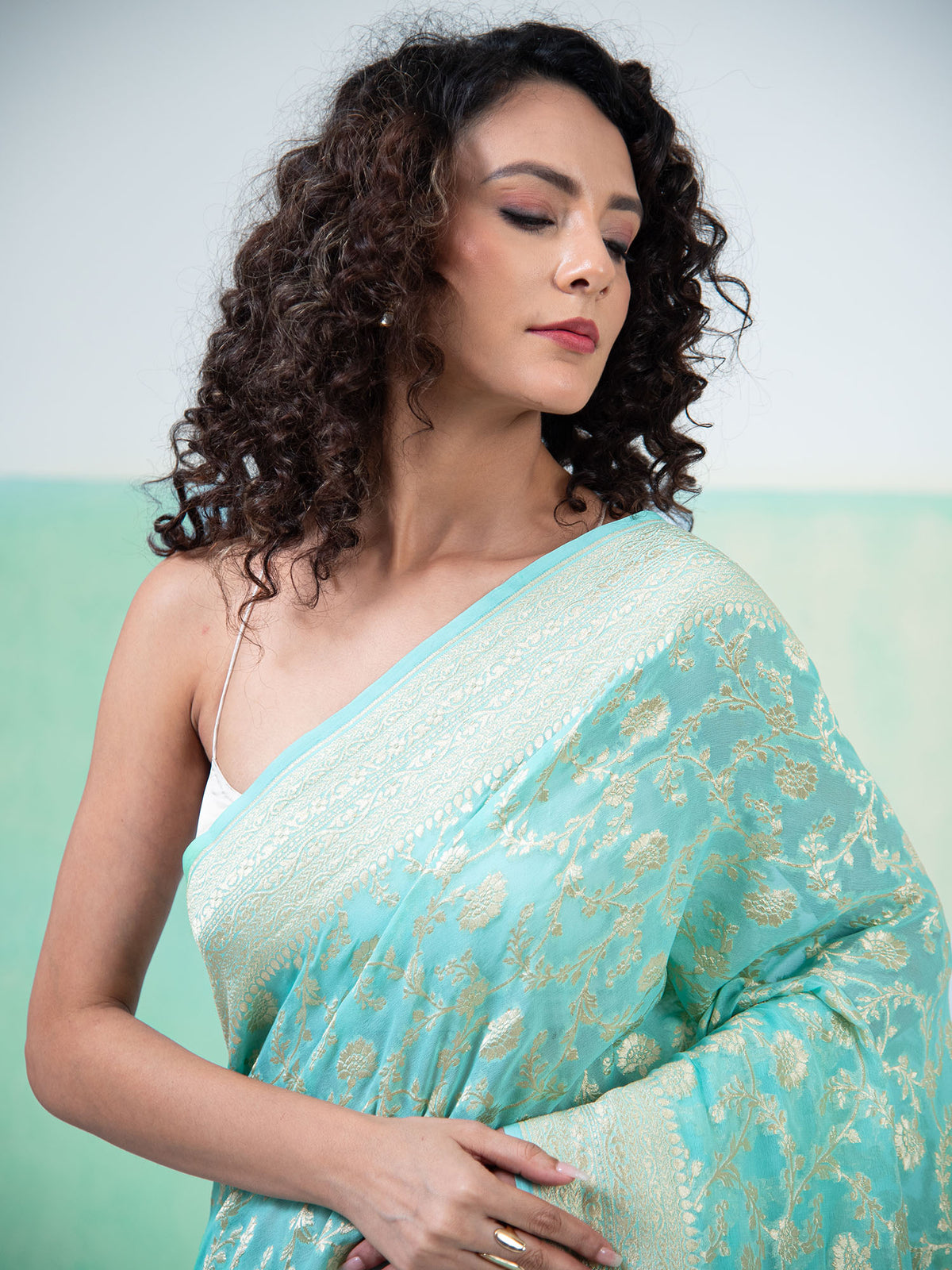 Aqua Green Jaal Khaddi Georgette Handloom Banarasi Saree