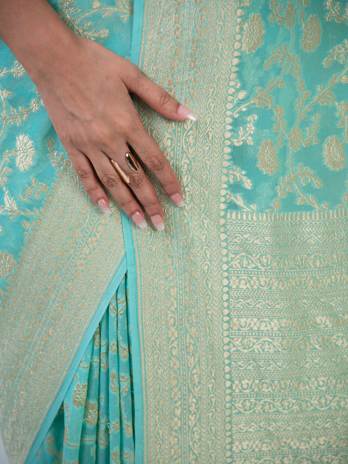 Aqua Green Jaal Khaddi Georgette Handloom Banarasi Saree