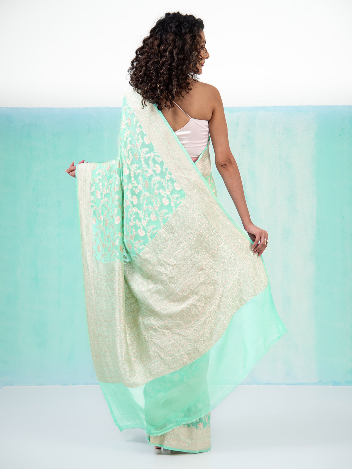 Aqua Green Jaal Khaddi Georgette Handloom Banarasi Saree