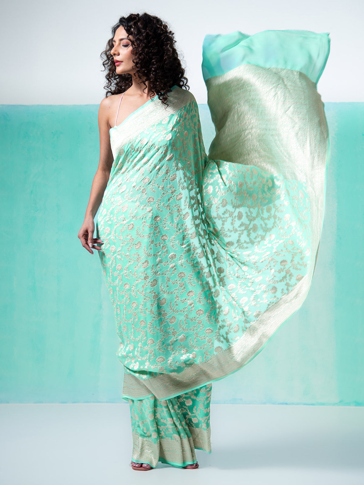 Aqua Green Jaal Khaddi Georgette Handloom Banarasi Saree