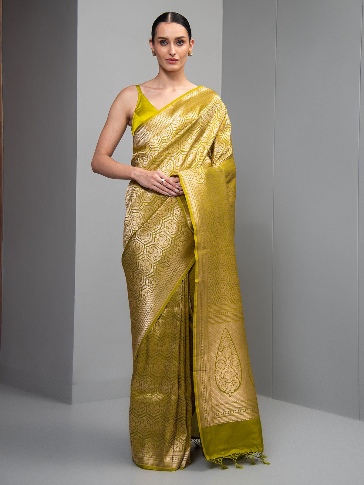Lime Green Silk Brocade Handloom Banarasi Saree