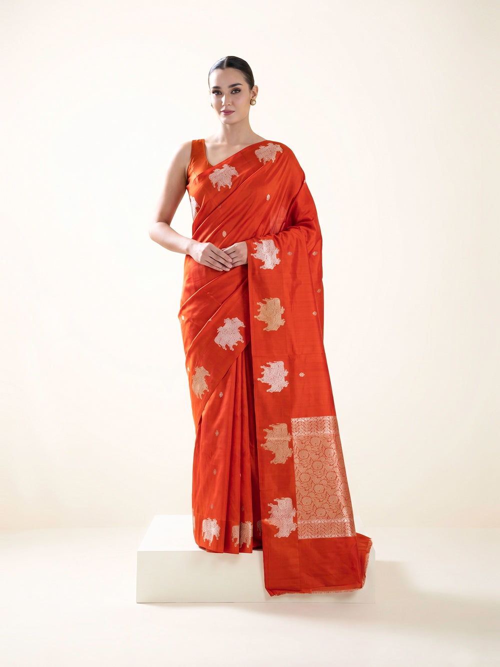 Dark Orange Booti Silk Handloom Banarasi Saree - Sacred Weaves