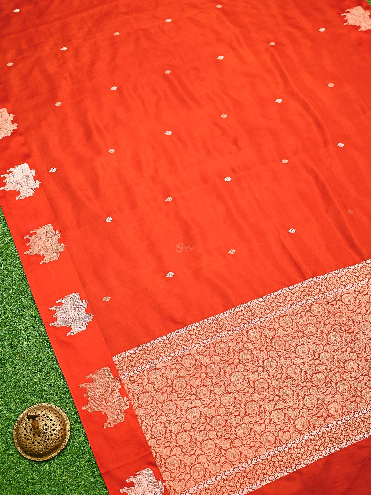 Dark Orange Booti Silk Handloom Banarasi Saree - Sacred Weaves