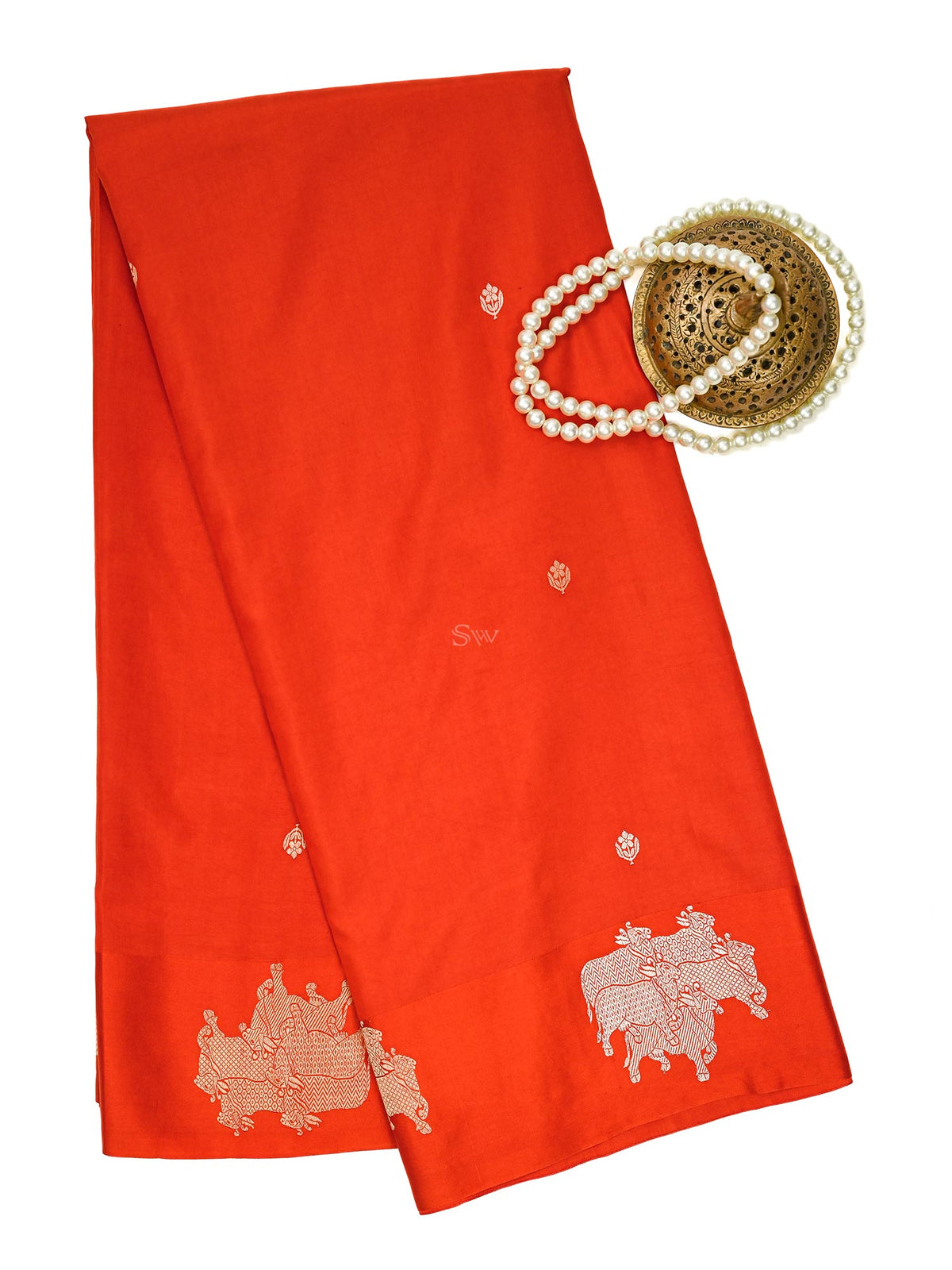 Dark Orange Booti Katan Silk Handloom Banarasi Saree