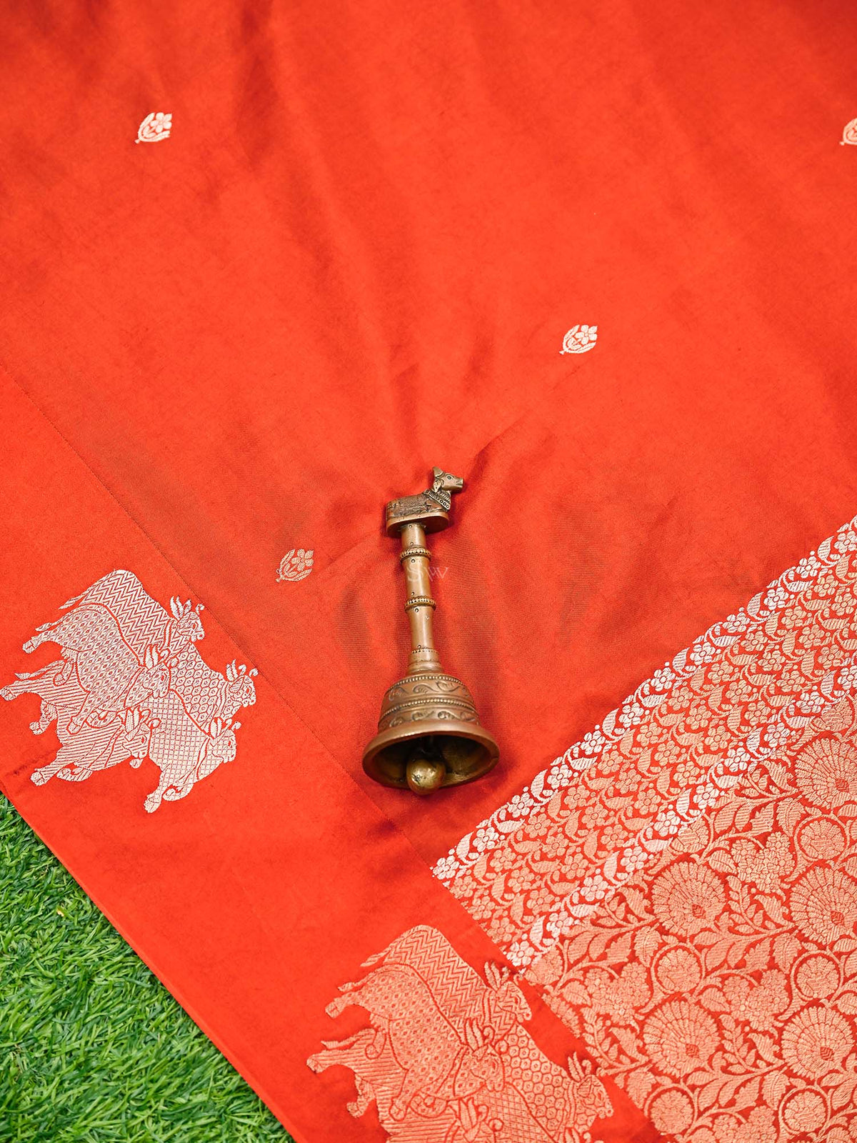 Dark Orange Booti Katan Silk Handloom Banarasi Saree