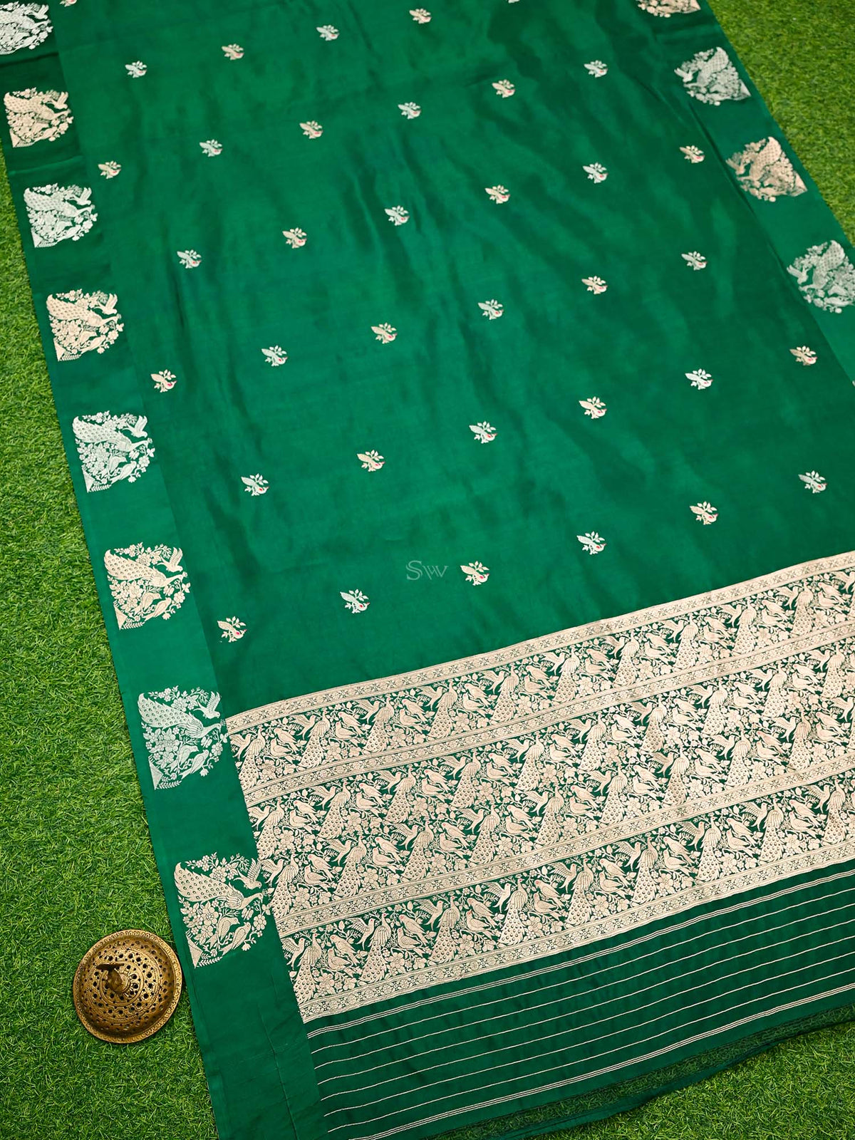 Bottle Green Meenakari Katan Silk Handloom Banarasi Saree