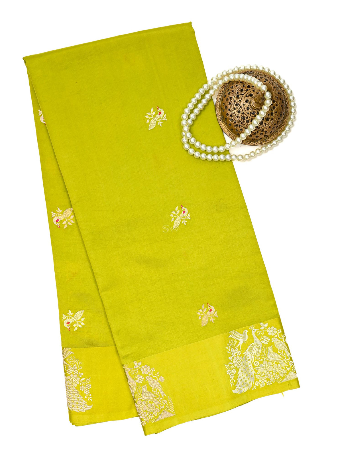 Lime Green Meenakari Katan Silk Handloom Banarasi Saree