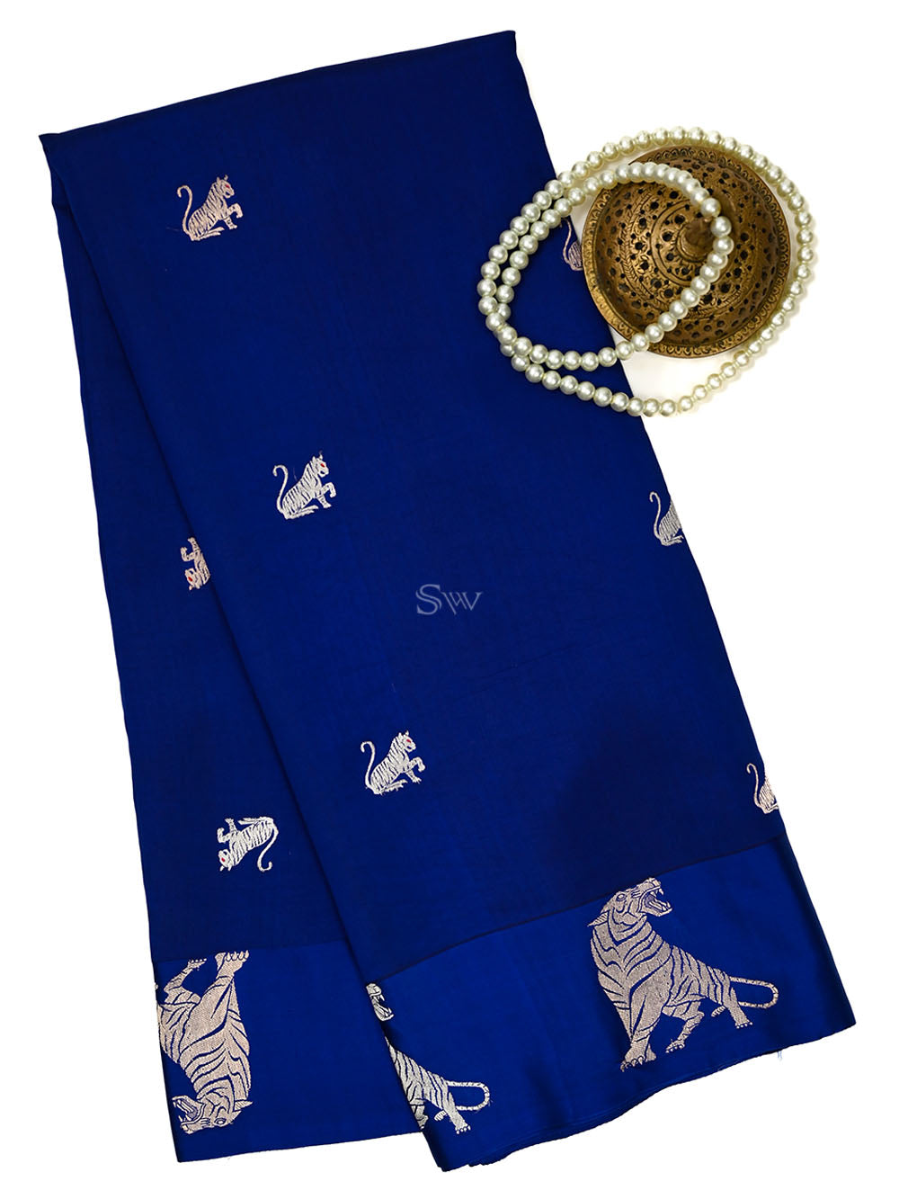 Dark Royal Blue Meenakari Booti Katan Silk Handloom Banarasi Saree - Sacred Weaves