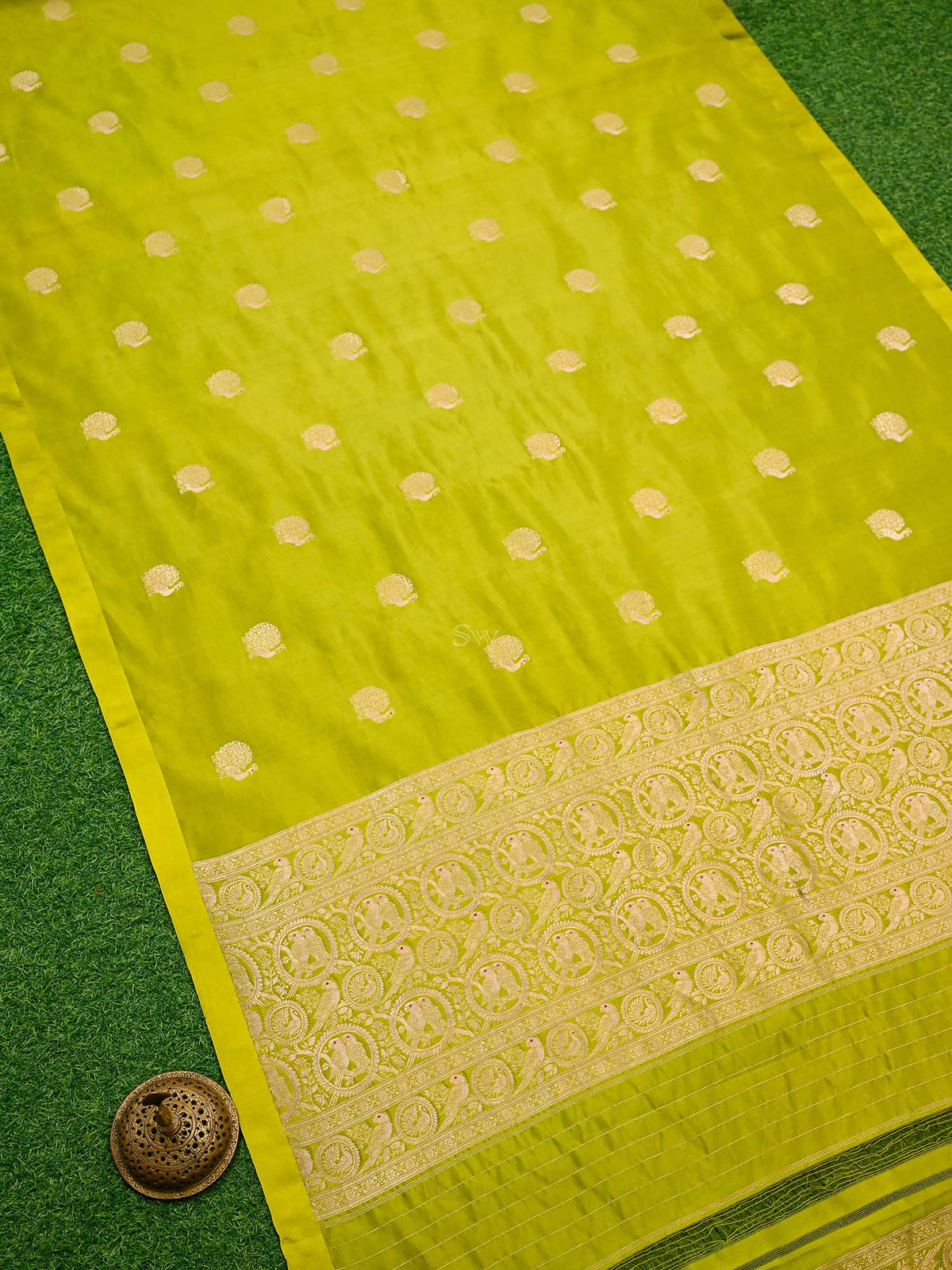 Lime Green Meenakari Katan Silk Handloom Banarasi Saree