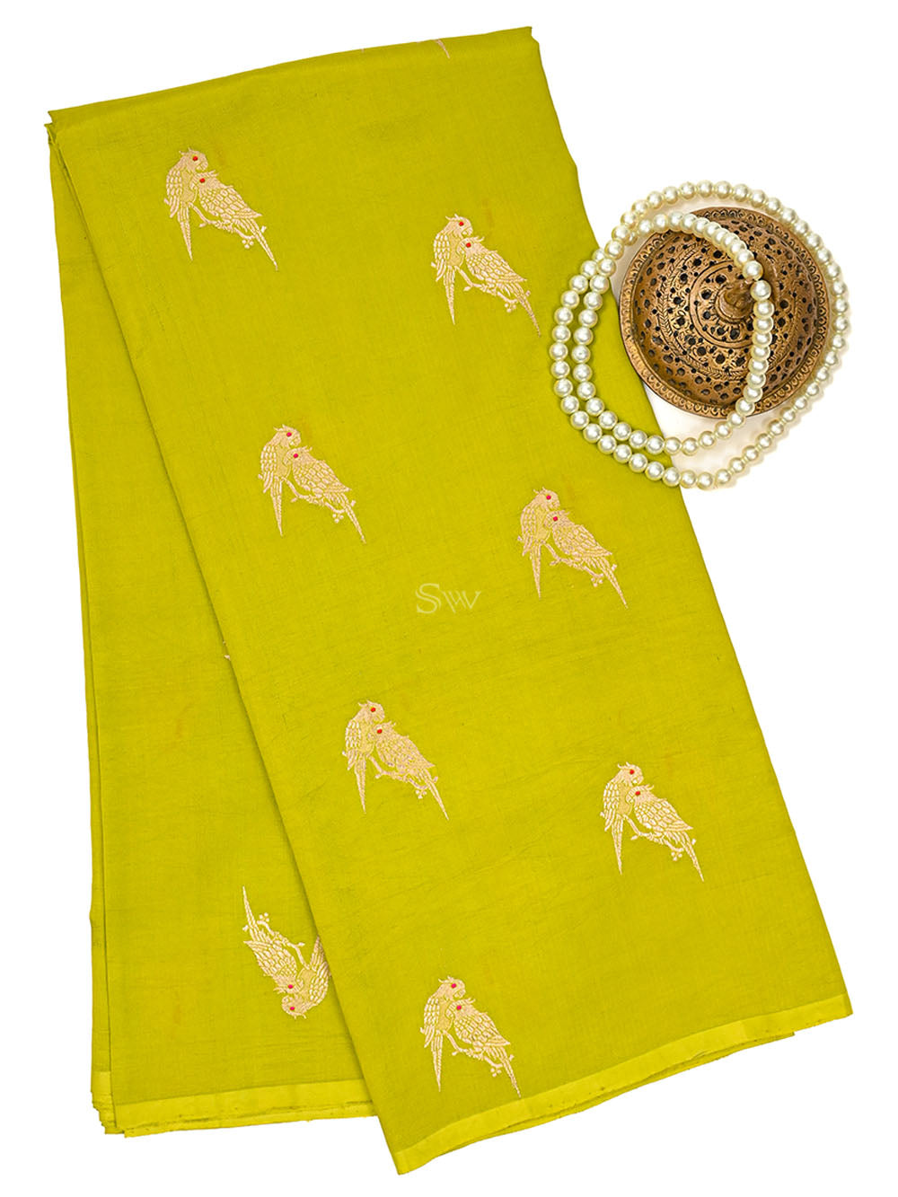 Lime Green Meenakari Booti Katan Silk Handloom Banarasi Saree - Sacred Weaves