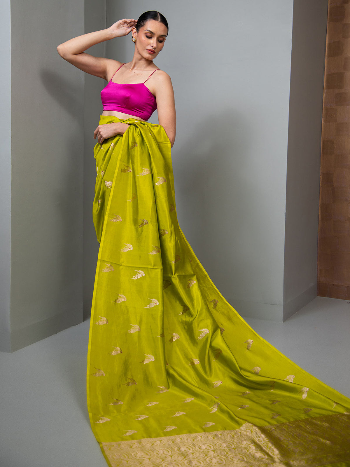 Lime Green Meenakari Booti Pure Silk Handloom Banarasi Saree