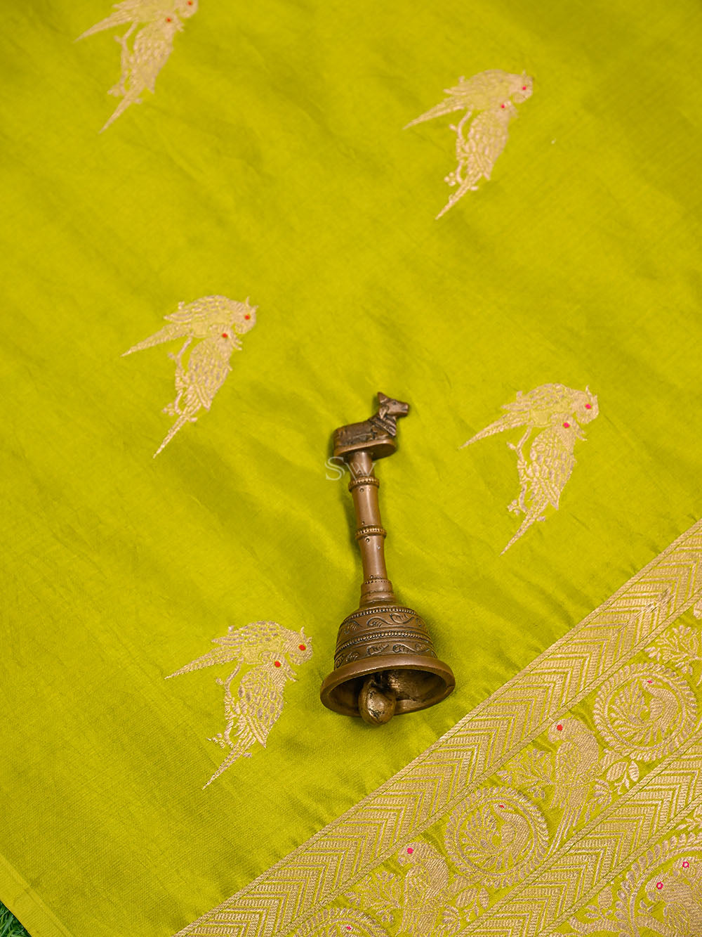 Lime Green Meenakari Booti Katan Silk Handloom Banarasi Saree - Sacred Weaves