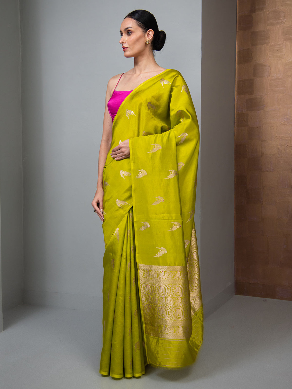 Lime Green Meenakari Booti Pure Silk Handloom Banarasi Saree