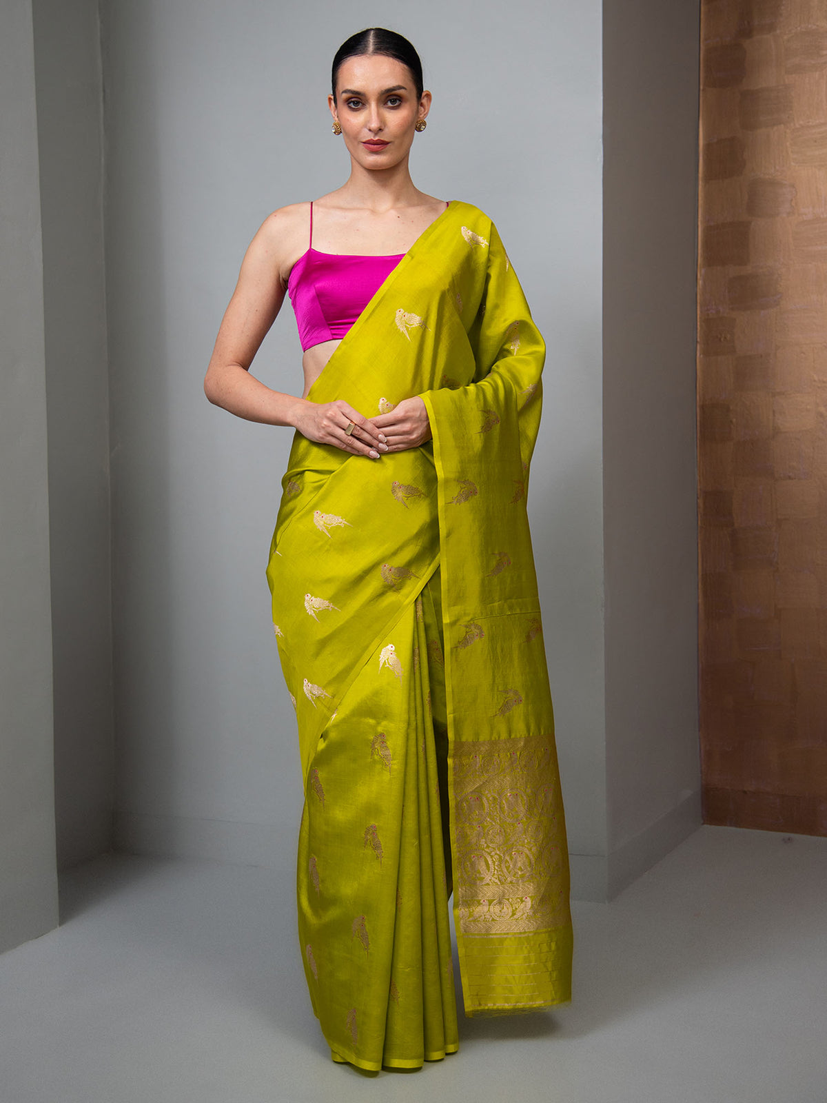 Lime Green Meenakari Booti Pure Silk Handloom Banarasi Saree