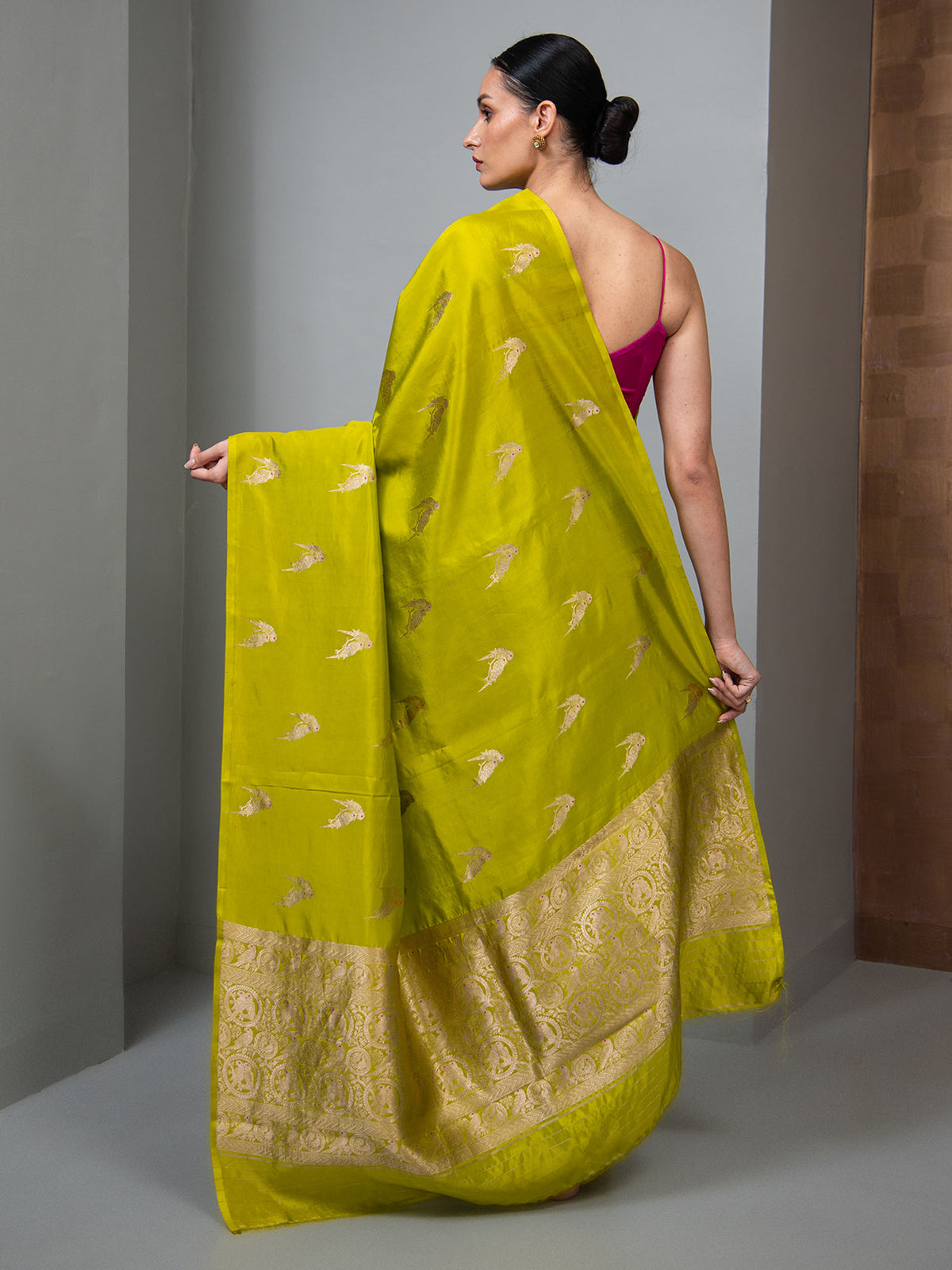 Lime Green Meenakari Booti Pure Silk Handloom Banarasi Saree